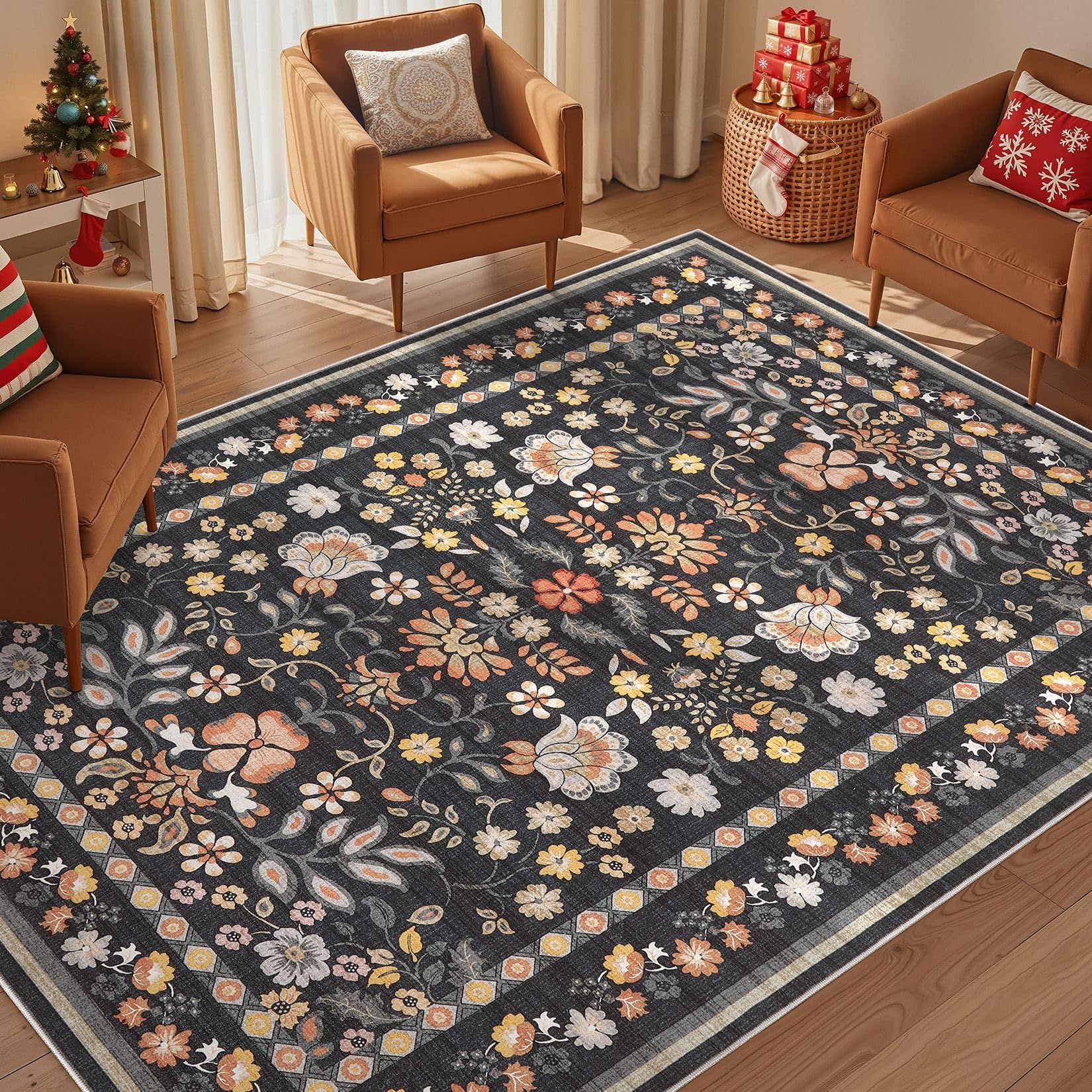 5x7 Area Rug Living Room Rugs - Washable Boho Vintage Floral Large Soft Non Slip Thin Rug Low