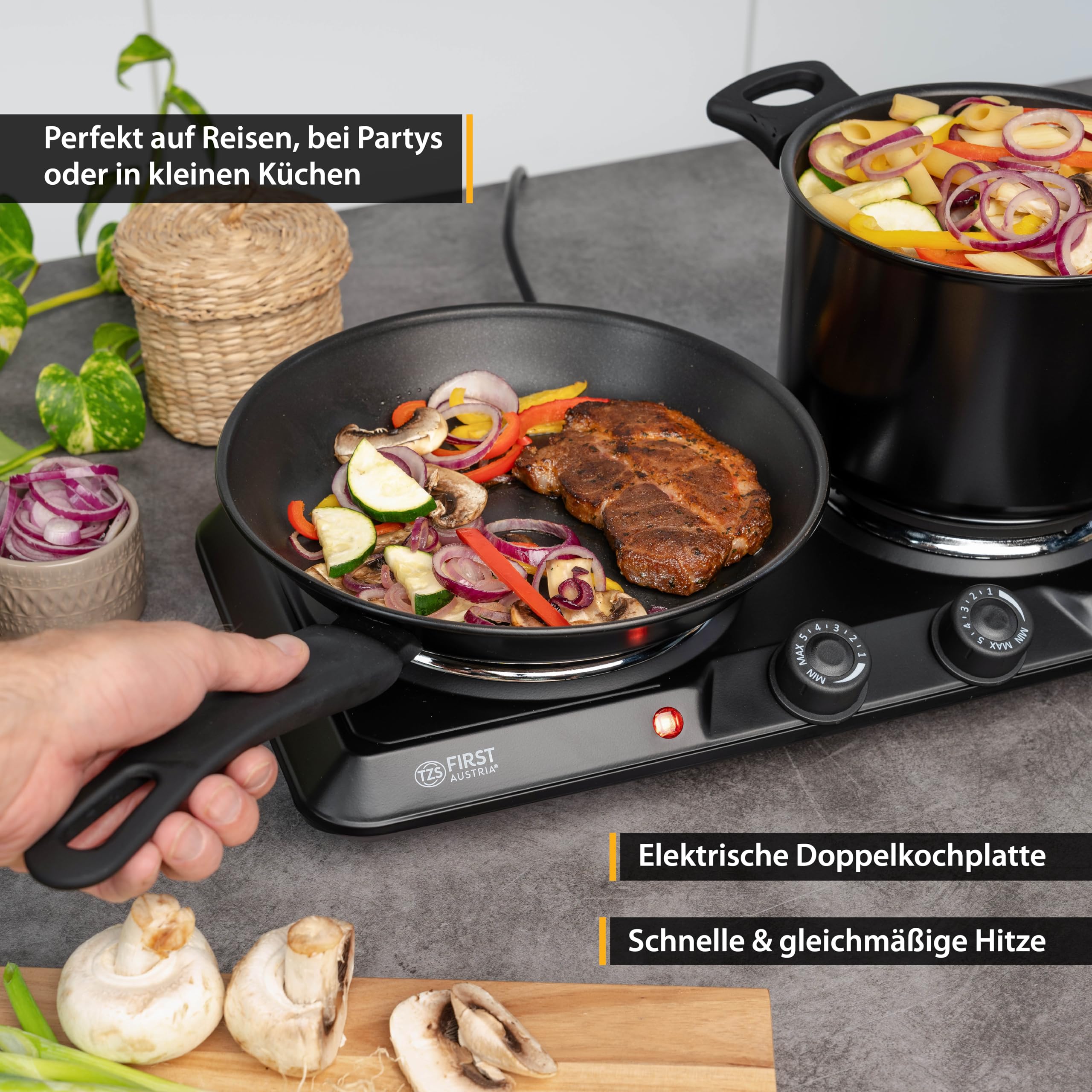 TZS First Austria - Doppelkochplatte 2500W - Gusseisen-Kochfelder 180 & 150 mm - Stufenlose Thermostatsteuerung - Mobile Herdplatte für Camping & Küche - Schwarz