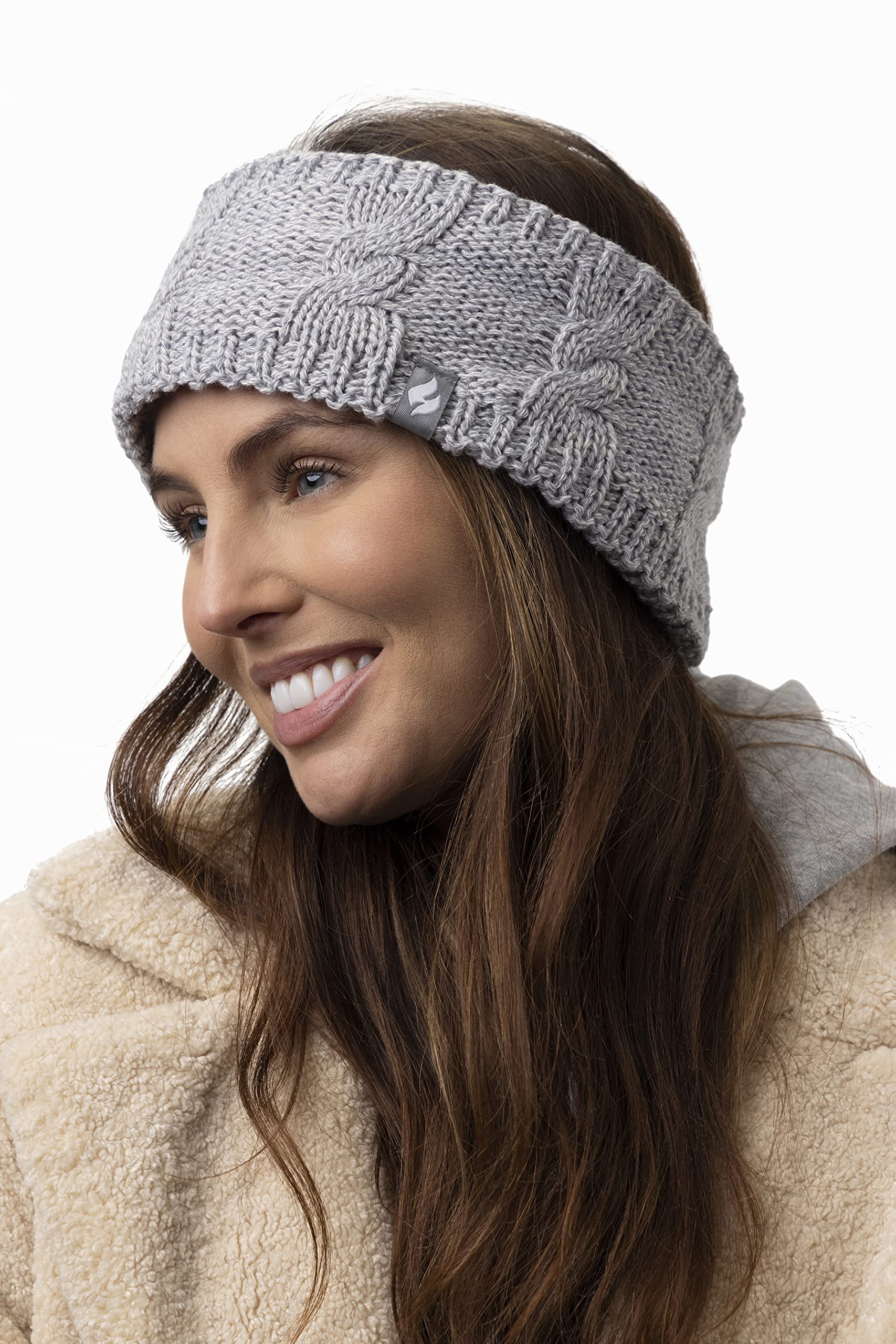 Heat Holders - Ladies Thick Cable Knitted Fleece Lined Thermal Winter Empty Skull Ear Warmer Headband (One Size, Light Grey) - Image 4