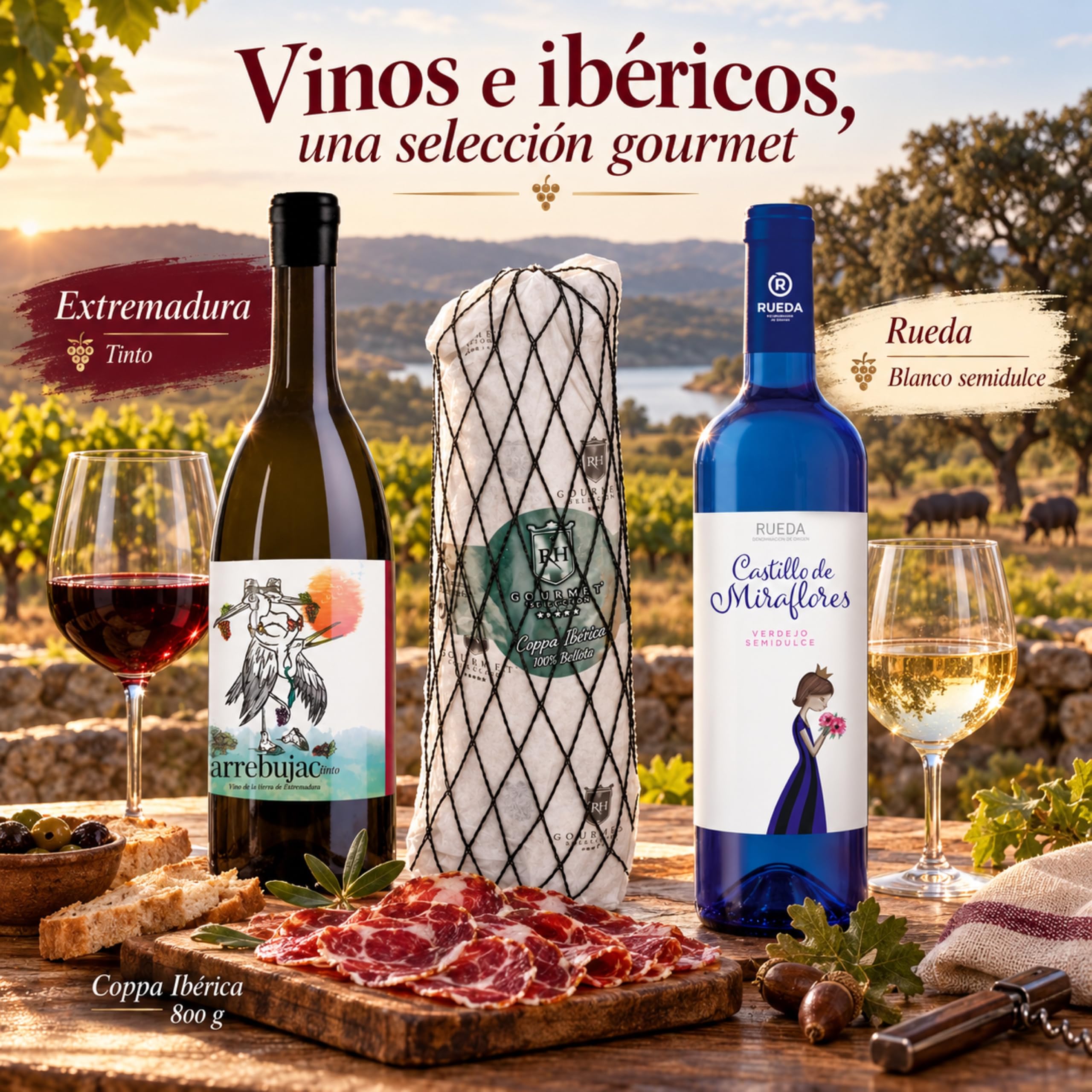 Cesta gourmet Navidad Arrebujao Tinto y Castillo de Miraflores con coppa ibérica de bellota 100% 800 g RH Gourmet, pack de 2 botellas 75 cl