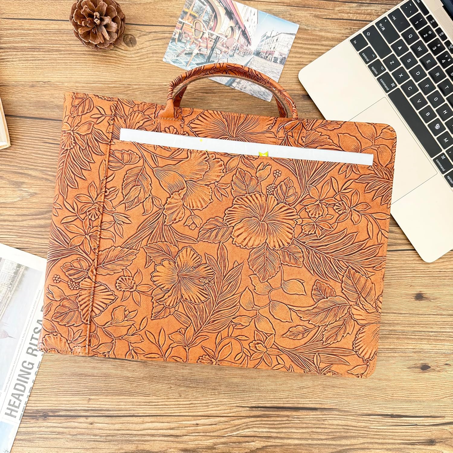 7 Ring Check Binder Vegan Leather Portfolio for 3-Up Business Checks with Handle and Zipper 500 Check Capacity, 9 x 13 inch Sheets Flower Debossed