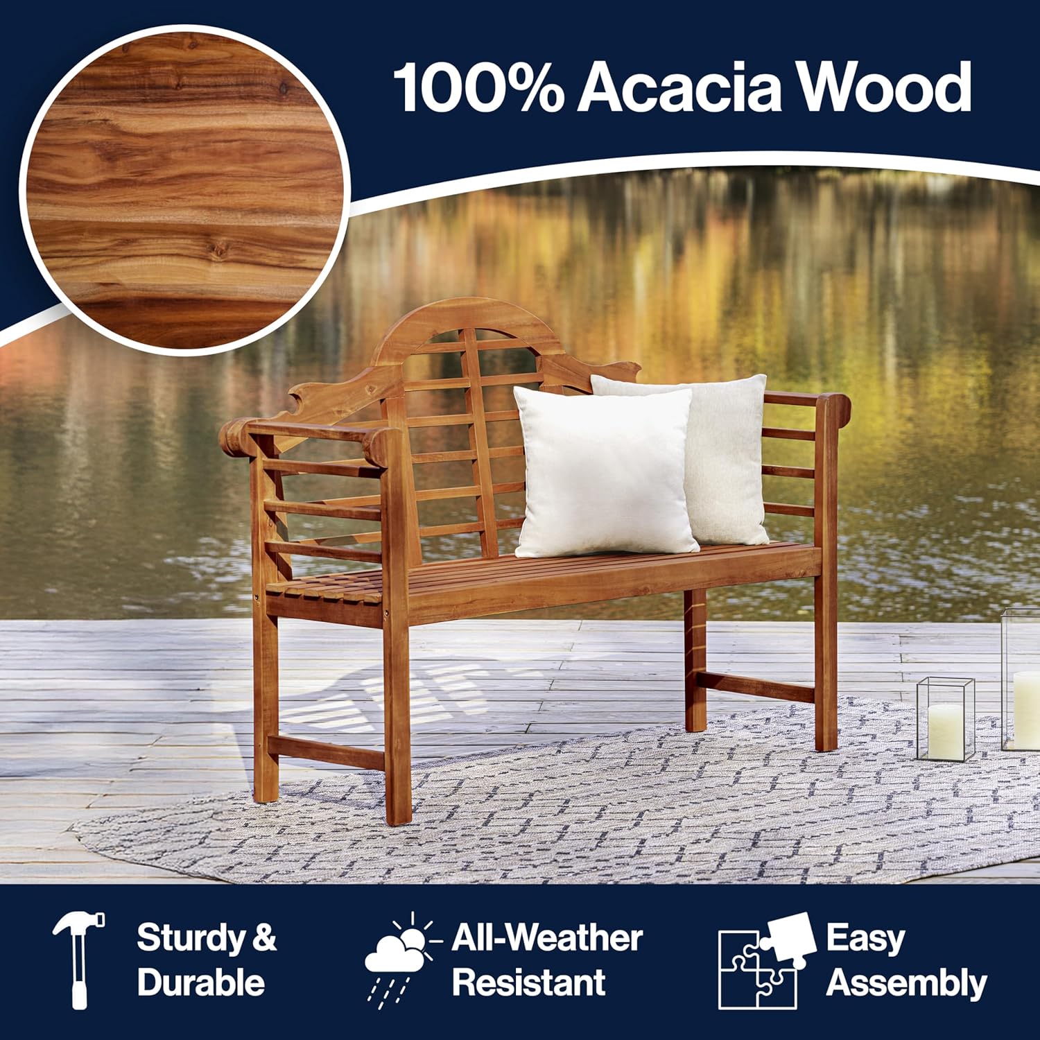 JONATHAN Y BNH103A Lutyens 51.2" 3-Seat Arched 600-Lbs Support Acacia Wood Outdoor Garden Patio Bench for Garden, Lawn, Backyard, Pool, Deck, Beach, Firepit, Teak