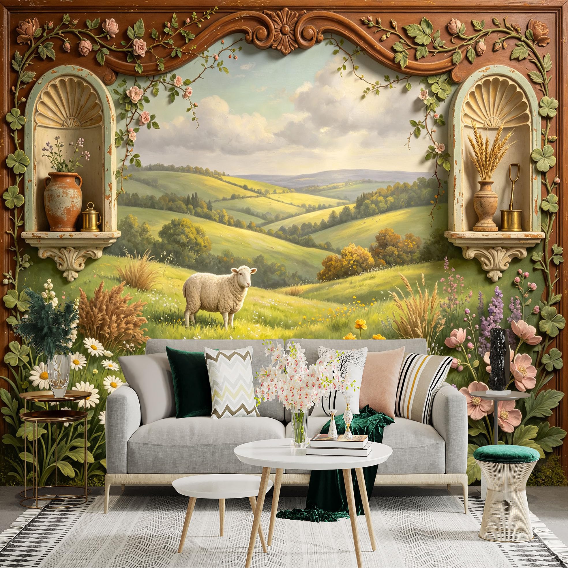 Lnzczhyre Bh260719018 Custom Size Wall Sticker Mural， Pastoral Sheep In Meadow， Blooming Wildflowers， Vintage Garden Arch Frame， Landscape Scenery， For Wall Decoration， Peelandstick Wall Decals.