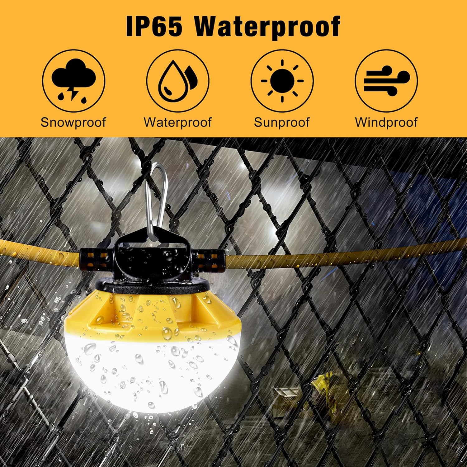 100FT Construction String Lights, IP65 Waterproof ETL Certified LED String Work Lights, 5000K Daylight 18AWG Wire Linkable Temporary Construction Lighting for Jobsite with 10 Bulbs & Hooks - Image 4
