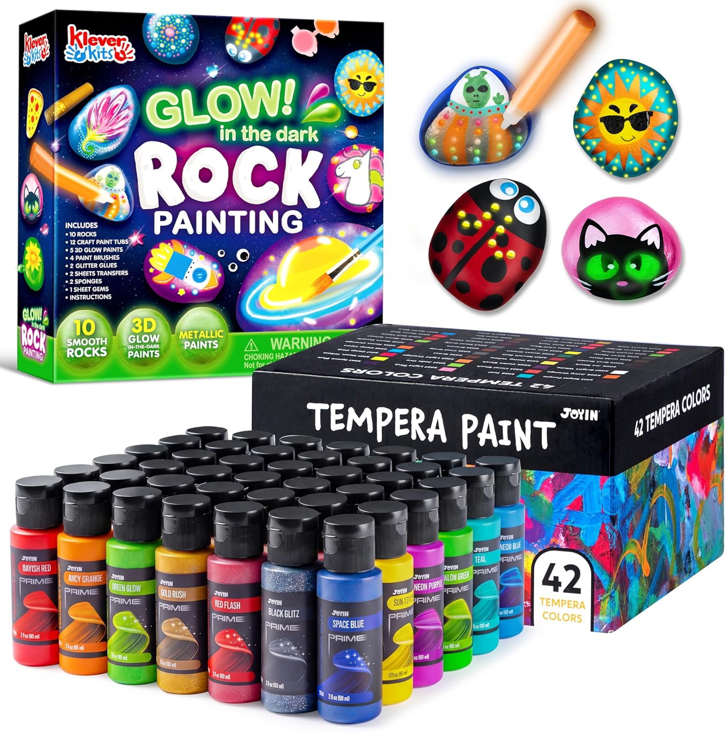 JOYIN Rock Painting Glow in The Dark Kit & Washable Tempera Paint Set 42PCS, Arts & Crafts Supplies for Kids Ages 6-12, Non Toxic, with Brushes & Palettes, Birthday Gift for Boys Girls