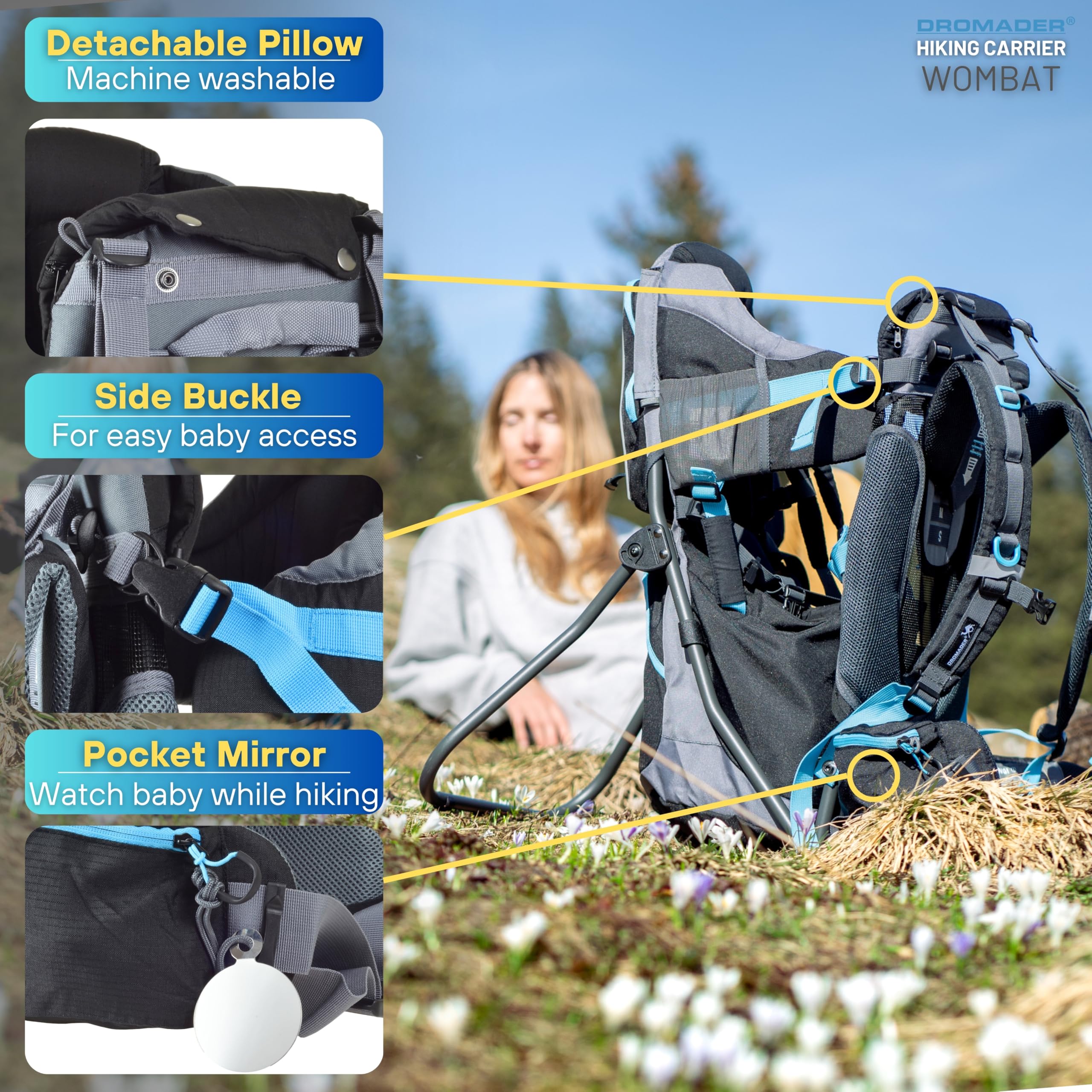 DROMADER Porte-Bébé Randonnée - Sac à Dos Porte Bébé Confortable Dorsal jusqu'à 22kg avec Pare-Soleil, Protection Pluie, Poche Isolante, Matelas à Langer - Cadre Pliable à Une Main - Noir et Bleu