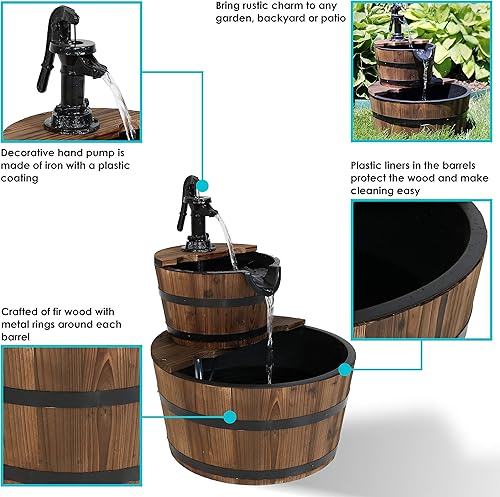 Miniatura 12 de Sunnydaze - Fuente de agua de barril de madera de 2 niveles, fuente de bomba de agua vintage de 34 pulgadas con bomba sumergible, para jardín