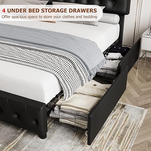 Miniatura 5 de Base de cama Queen con 4 cajones de almacenamiento y cabecera ajustable, cama tapizada de piel sintética con diseño capitoné, soporte de listones de