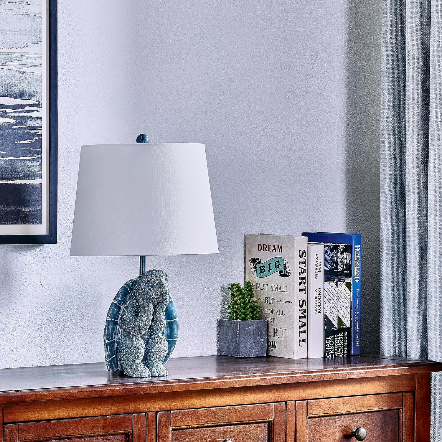 Crestview Collection 24" Blue Resin Thinking Turtle Table Lamp with White Linen Shade
