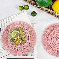 Vista 8 de Juego de 2 posavasos bohemios de 7.4 pulgadas, bonitos posavasos absorbentes para bebidas para escritorio, posavasos de macramé tejidos hechos a