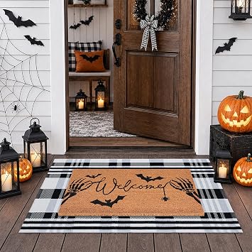Halloween Welcome Door Mat Combo Set, Skeletal Hand Coco Coir Doormat -28" x 43" Black and White Striped Rug, Autumn Front Porch Entryway Decor Floor Mat