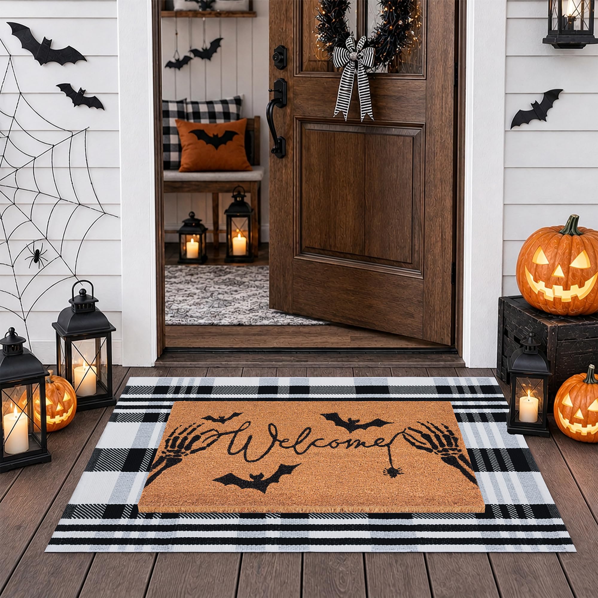 Halloween Welcome Door Mat Combo Set, Skeletal Hand Coco Coir Doormat -28"