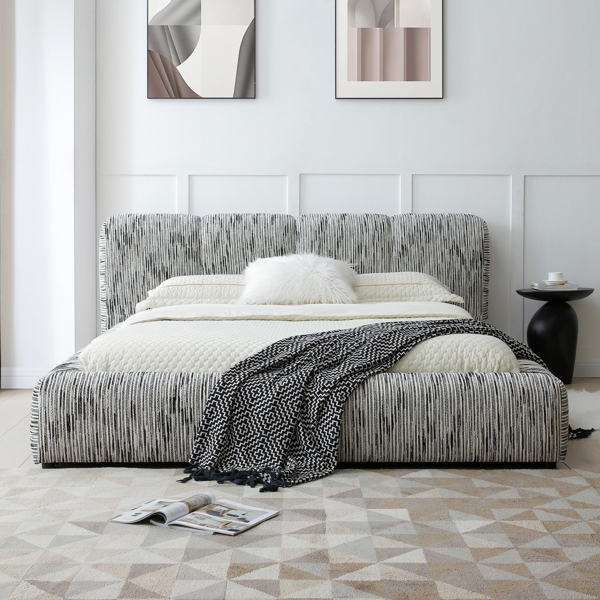 Woodpeckers Furniture And Mattress Sienna Upholstered Platform Bed – Low Profile with Padded Headboard. (White & Black, Queen)