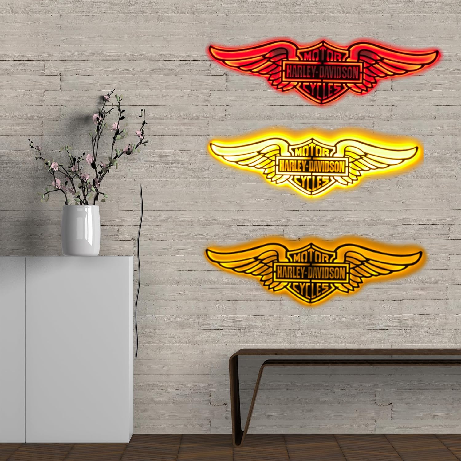 Harley Motorcycles LED Wall Sign, Neon Effect Metal Logo with Wings, Vintage Garage & Man Cave Decor, Backlit Art Gift for Bikers & Collectors (Amber - 37 x 11 inches)