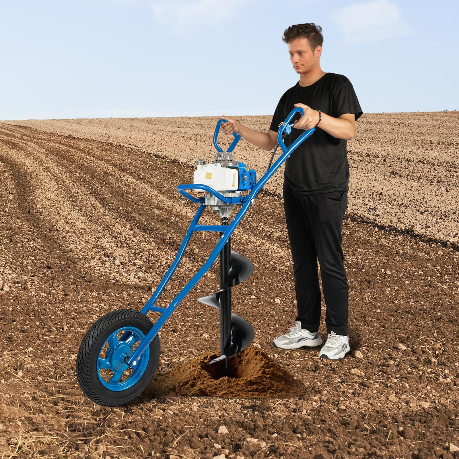 Taladro de gasolina con carretilla de 63 cc, 300 mm, motor de 2,2 kW, motor de dos tiempos, 8800 rpm, color azul – Taladro manual para jardín, valla, plantación y agricultura