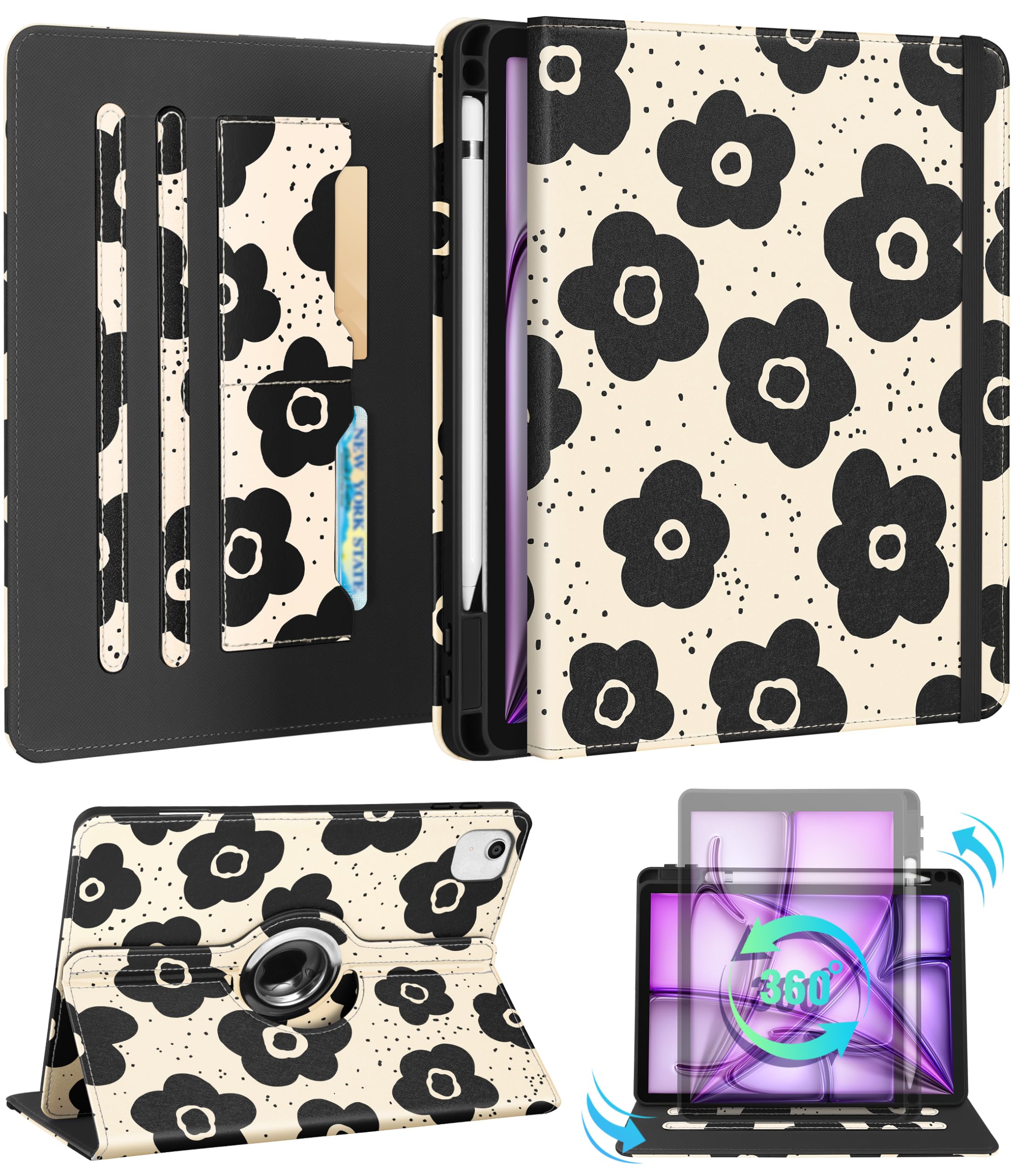 Kidcube for iPad Air 13 Inch Case (M3/M2)/for iPad Pro 12.9 Cases 6th/5th (2022/2021) - Women Girls Cute Rotating Stand Folio Cover with Pencil Holder & Card Slot Design Black Floral Flowers Cover