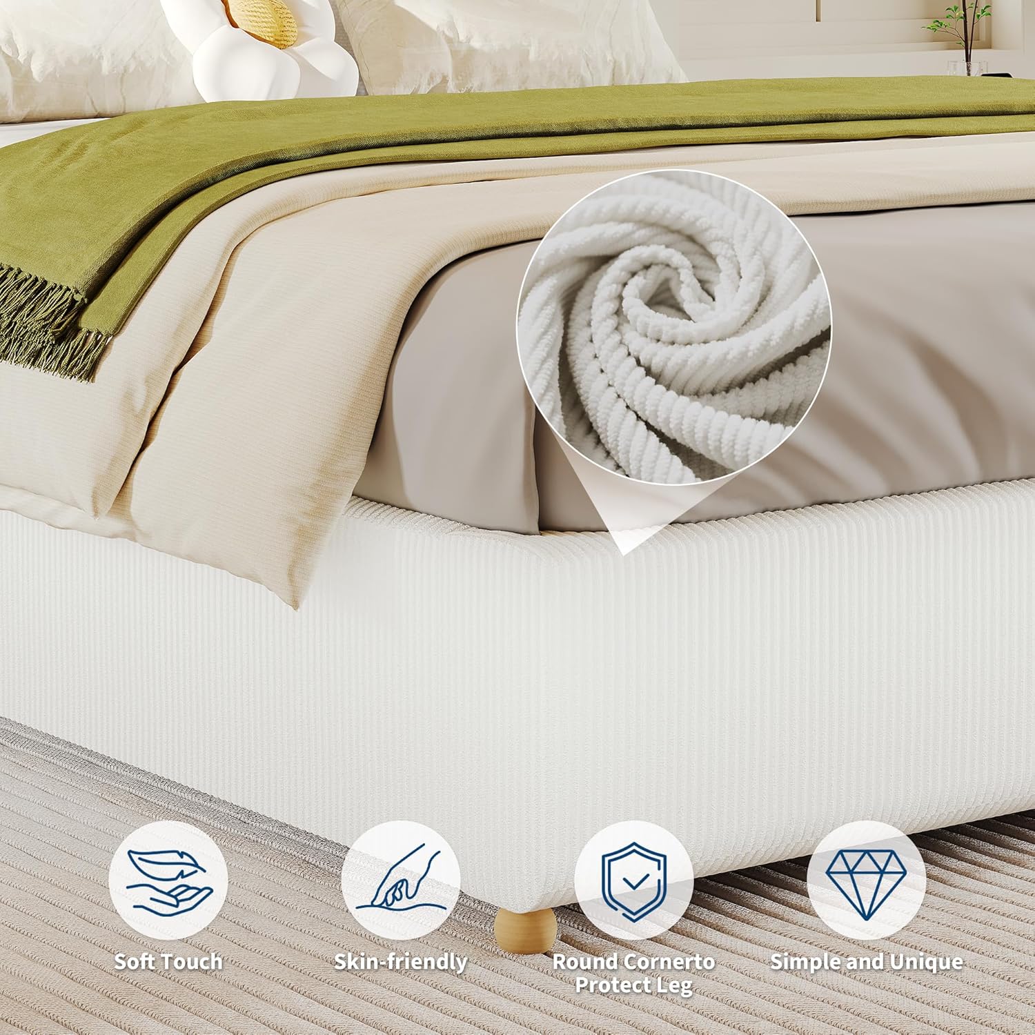 Twin Size Cloud Bed Frame,Upholstered Platform Bed with Solid Wood Legs, Corduroy Low Bed Frame for Bedroom,No Fixed Headboard, No Box Spring Needed,Noise Free, Easy Assembly,White