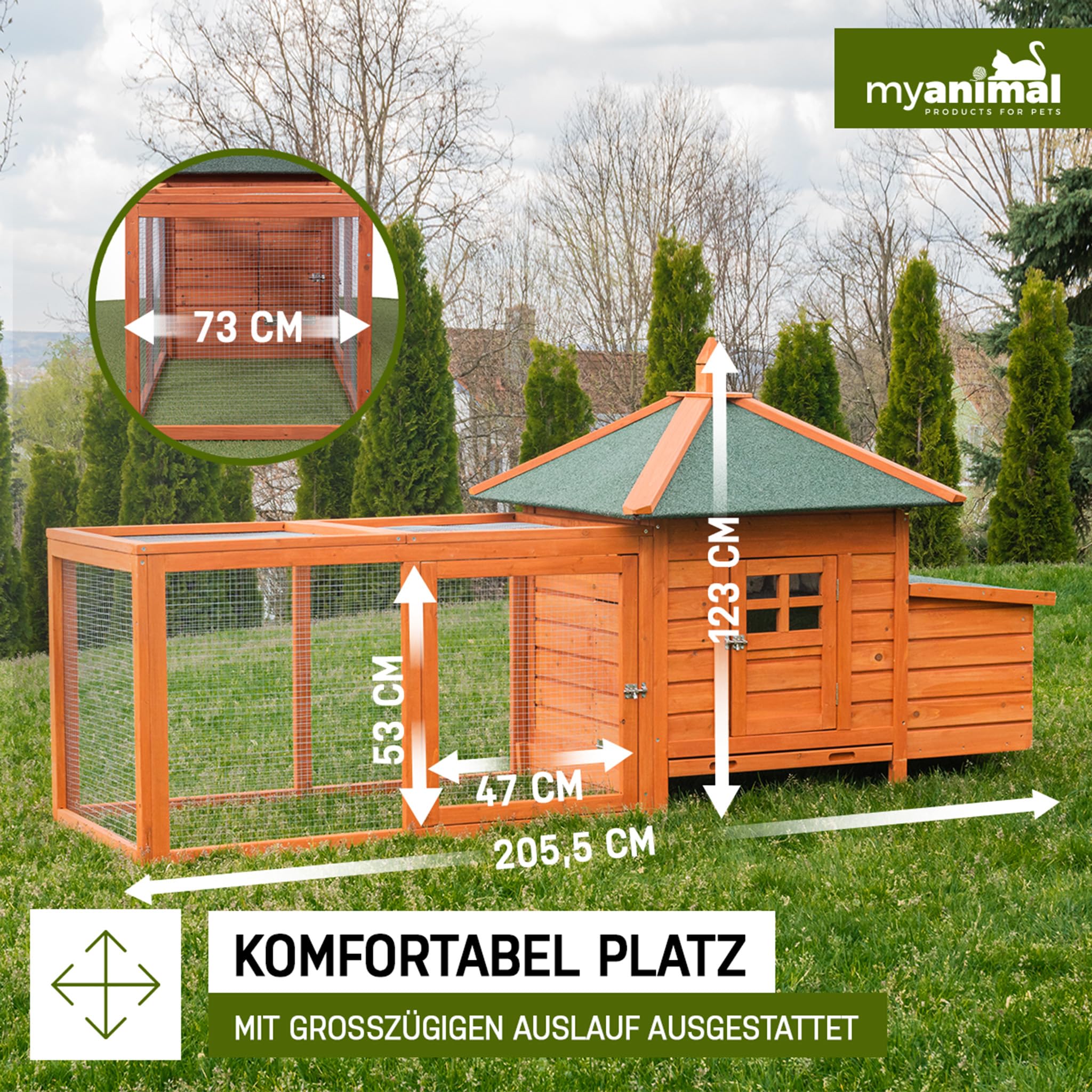 Miweba MyAnimal Hühnerstall für 3 Hühner | 206x73x123 cm Winterfest - Vogelhaus - Hühnergehege mit Nistkasten - Voliere - Hühnerhaus - Freilaufgehege Huhn - Legenest - Vogelvoliere - Gehege (Braun)