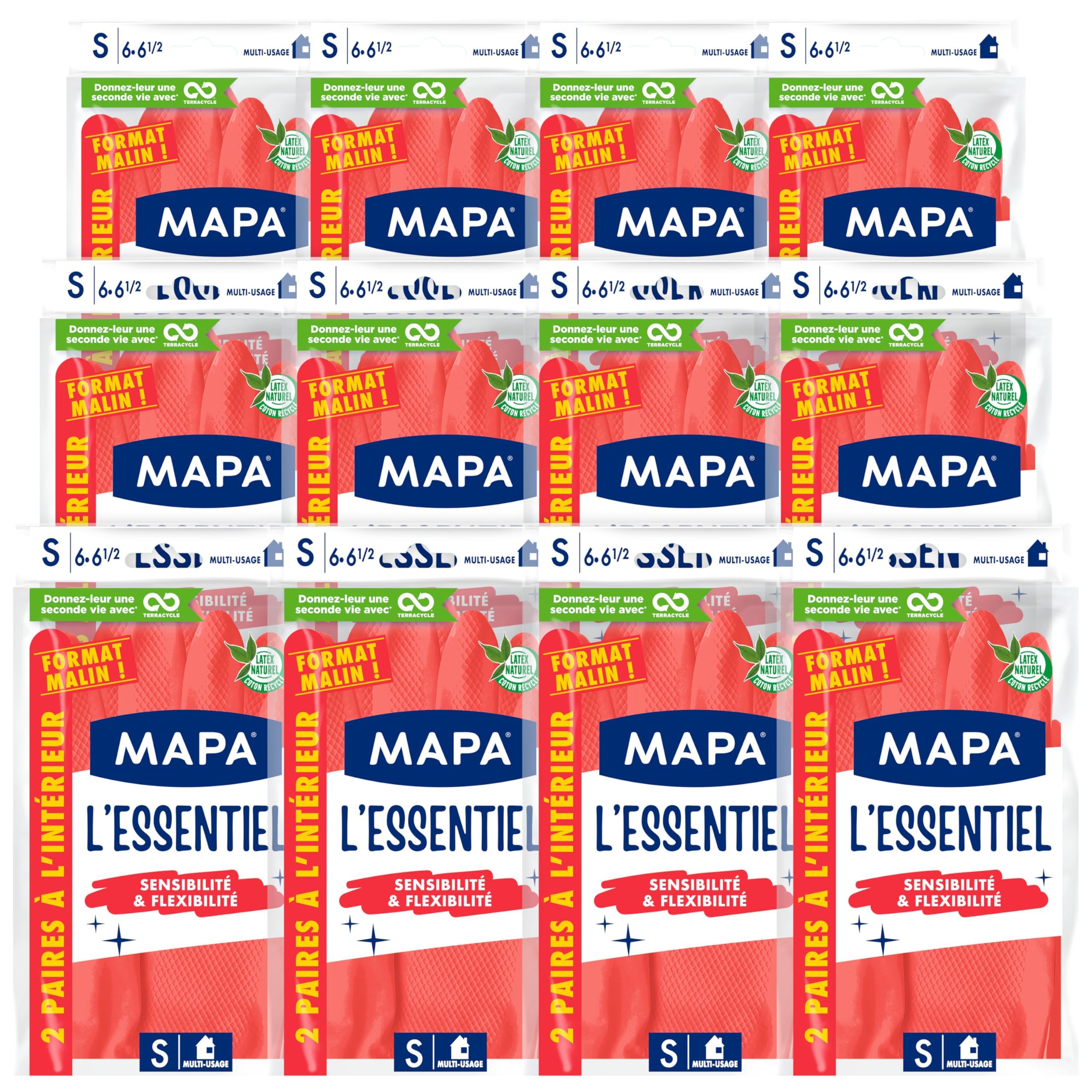 Spontex MAPA L'Essentiel – 24 Haushaltshandschuhe aus Latex innen Baumwollfasern – Empfindlichkeit und Flexibilität – rutschfeste Beschichtung – 12 Packungen à 2 Paar – Größe S