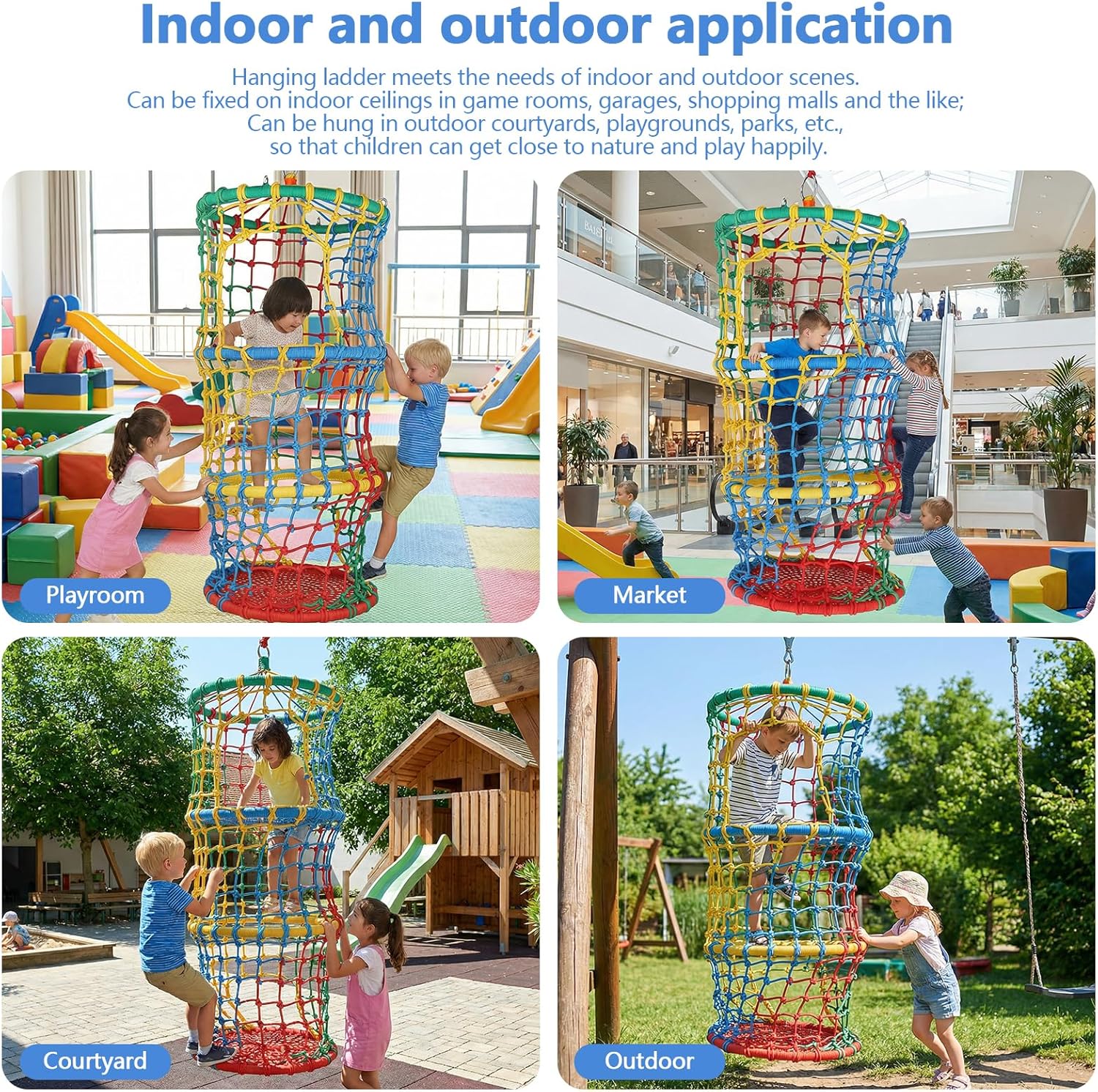 Kids Climbing Rope Ladder for Tree Swing Sets, 3/5 Tiers Outdoor Hanging Ladder with Rock Climbing Holds, Playground Accessories for Backyard, Indoor & Outdoor Balance Training