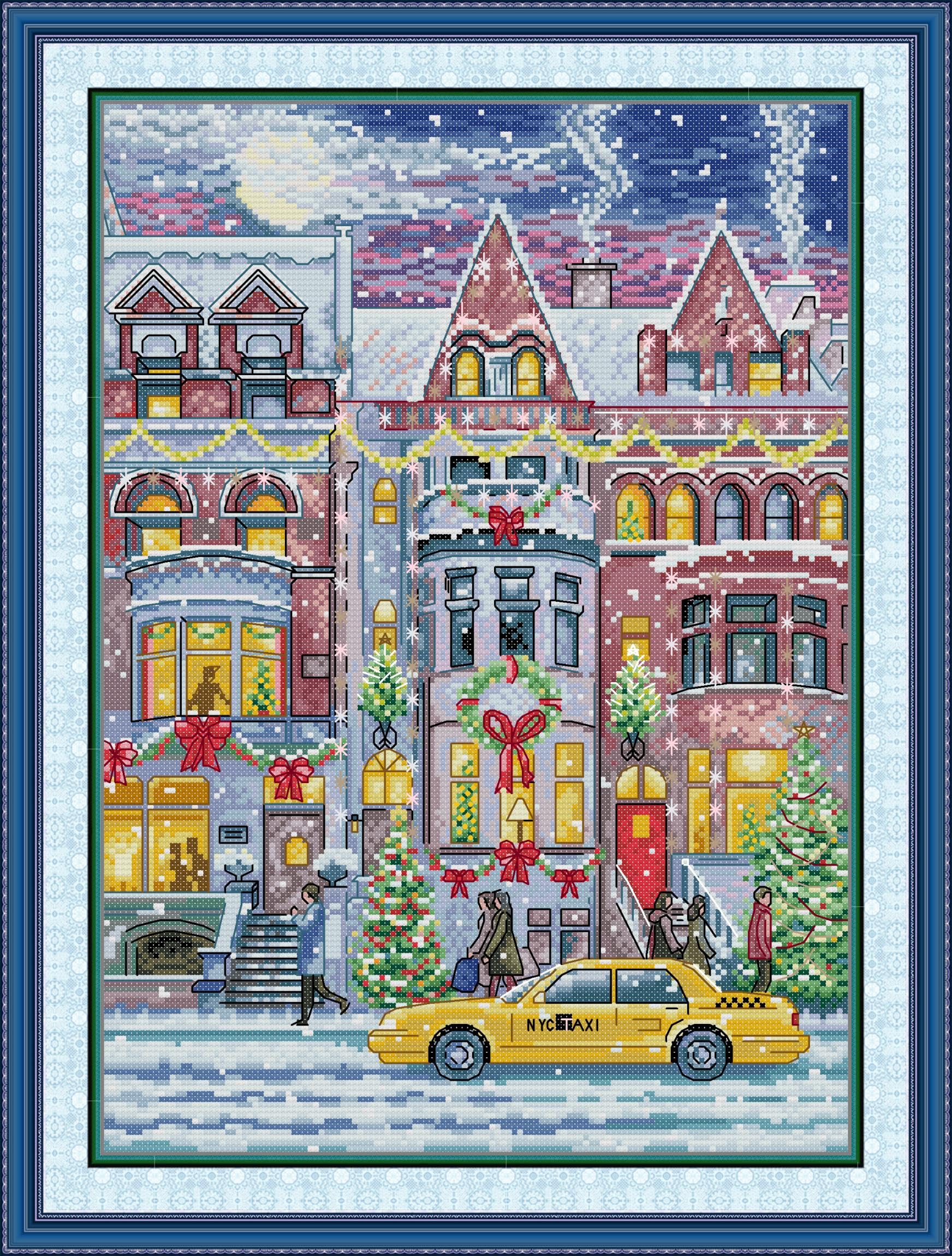 Gofission 11ct Stamped Cross Stitch Kits for Adults Beginners, Small Town in Winter DIY Pre Printed Cross Stitch Embroidery Set with Accessories Wall Decor 40x54cm (Winter)