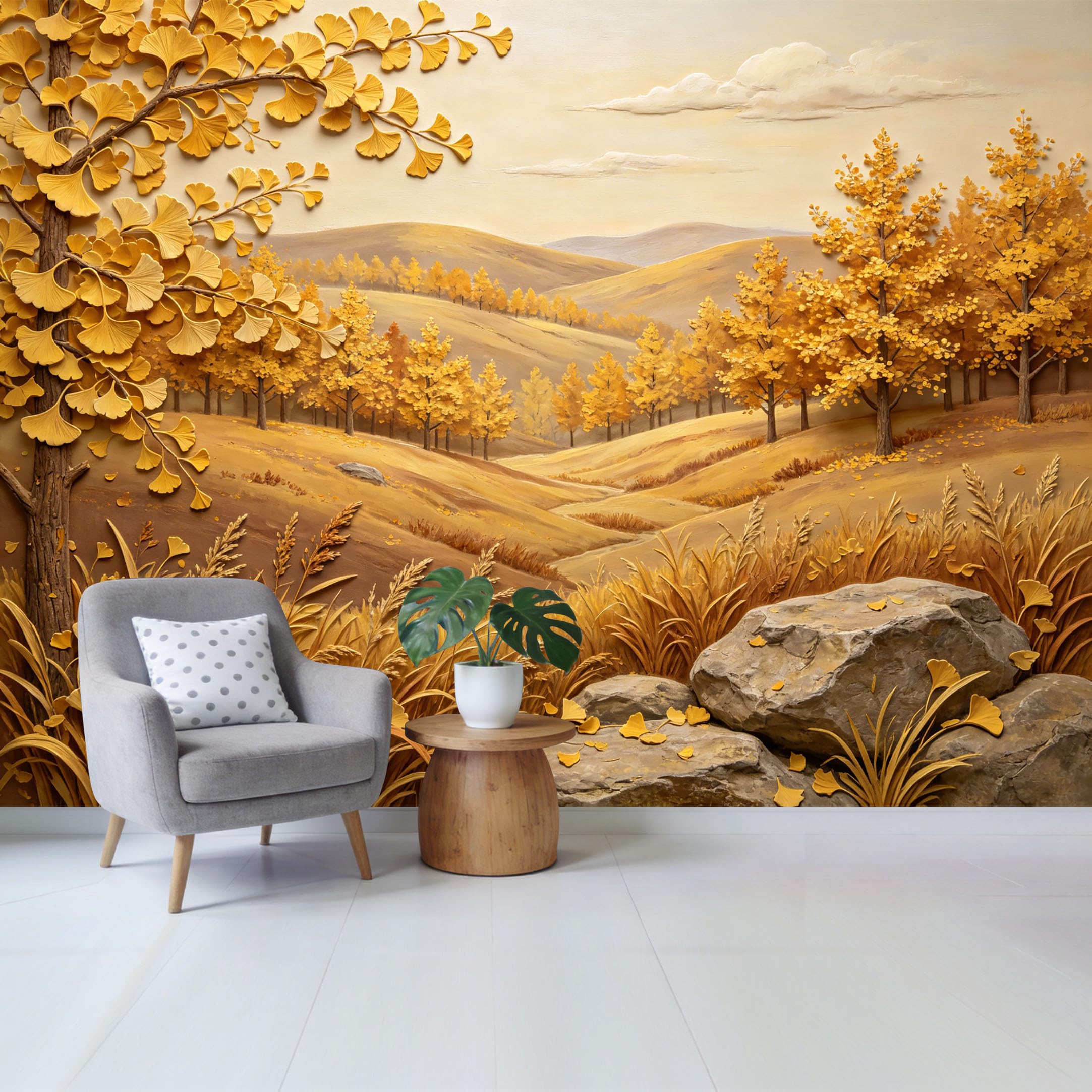 Qzlithotic Yq2605250937 Custom Size Wall Mural Golden Ginkgo Tree Hillside Landscape 3D Textured Art Selfadhesive Wall Fabric Removable Wallpaper For Home Office Decor