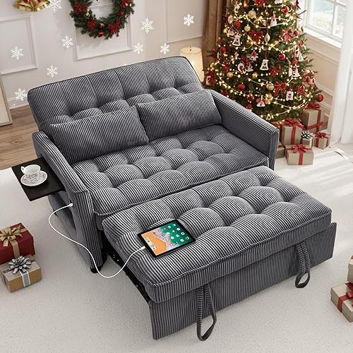Sleeper Sofa Bed, 55‘’ Convertible Pull Out Couch with Small Table| USB Port | Side Pockets | Corduroy Fabric | Adjustable Backrest for Apartment, Office, Bedroom, Guest Room