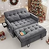 QSQG Sleeper Sofa Bed, 55‘’ Convertible Pull Out Couch with Small Table| USB Port | Side Pockets | Corduroy Fabric | Adjustable Backrest for Apartment, Office, Bedroom, Guest Room Darkgrey