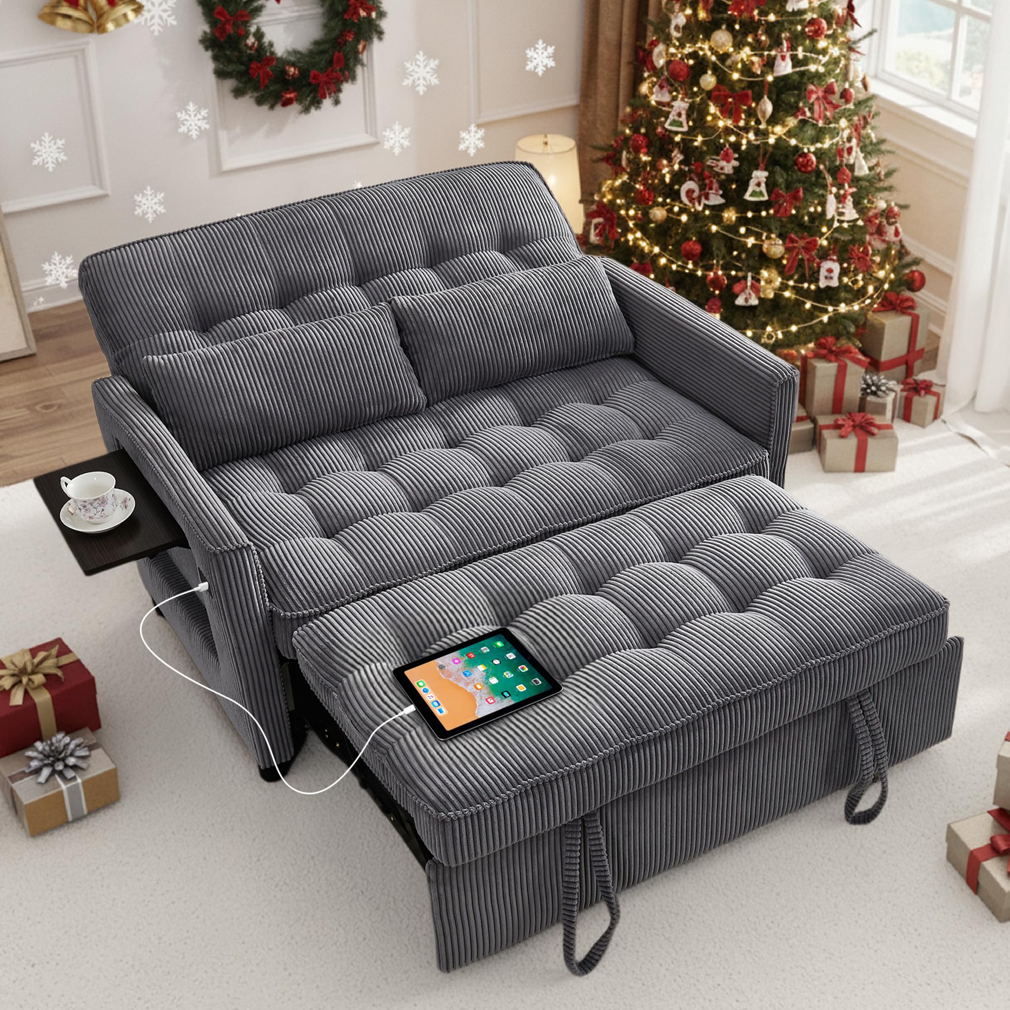 Sleeper Sofa Bed, 55‘’ Convertible Pull Out Couch with Small Table| USB Port | Side Pockets | Corduroy Fabric | Adjustable Backrest for Apartment, Office, Bedroom, Guest Room