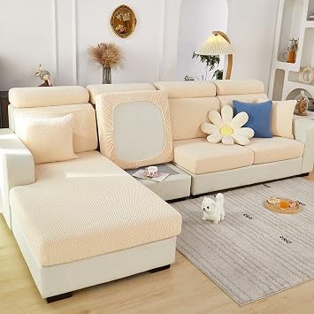 OKYUK Newest Universal Wear-Resistant L Shape Sofa Covers, Chaise Lounge Sofa Slipcover, Replacement Anti-Slip High Stretch Elastic Furniture Protector Weave Beige, Large 2 Seat Cover