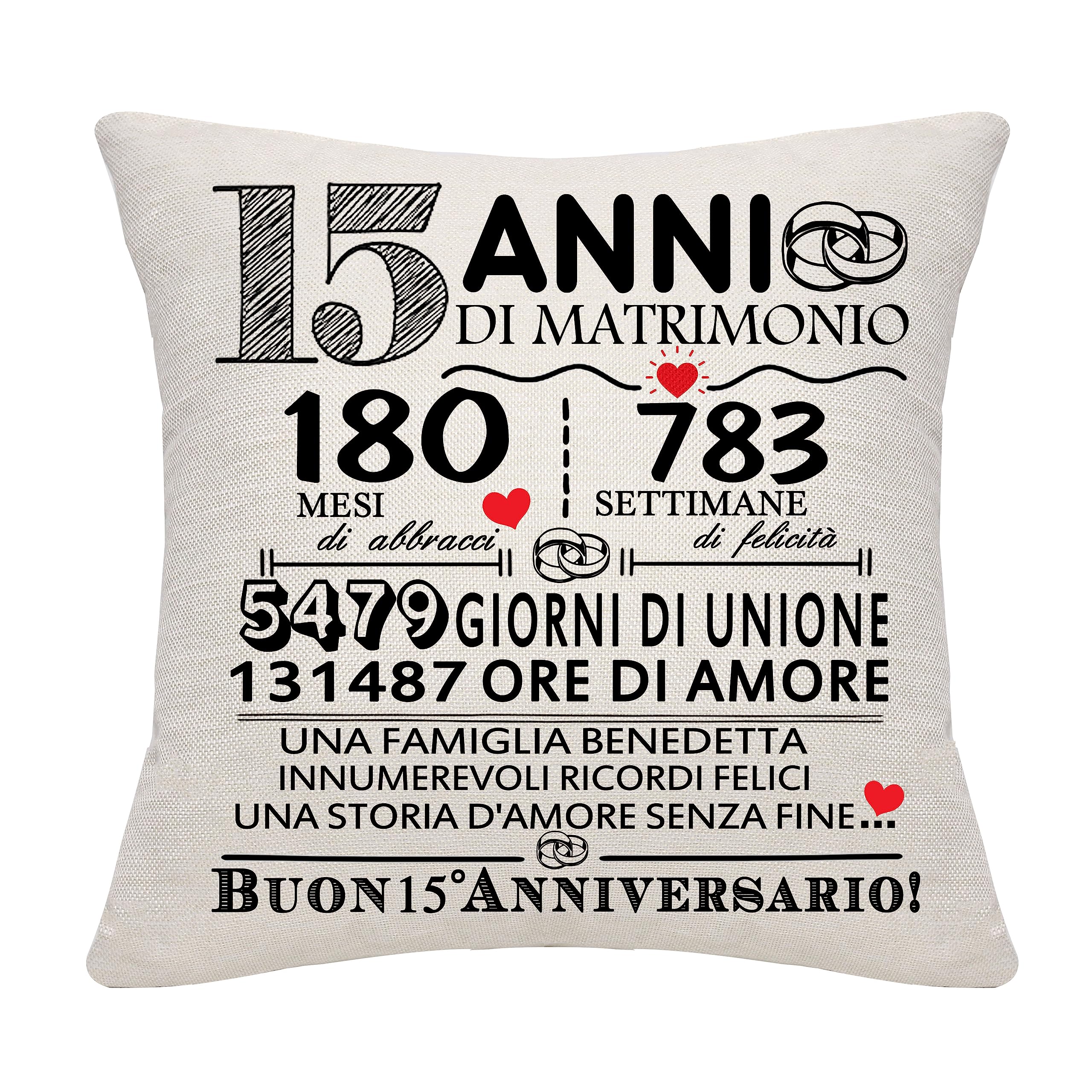 15 anni di matrimonio regalo 15 ° anniversario di matrimonio cuscino copertura ricordo Decorazione Regalo per le coppie genitori donne Uomini Mamma Papà Marito Moglie Zia Zio Amici (15° anniversario)