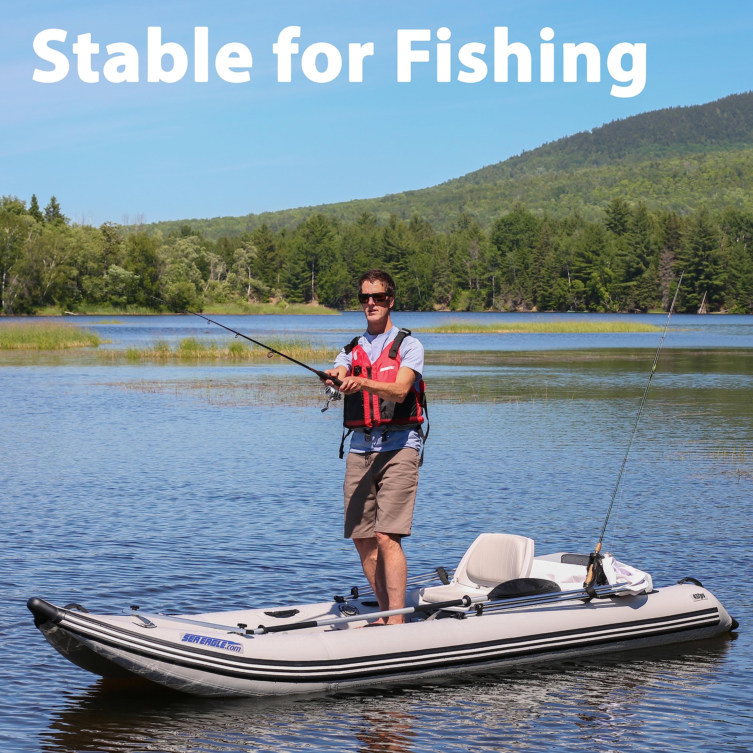 Sea Eagle 437ps PaddleSki Inflatable 1-2 Person Catamaran Boat – Paddle, Motor, Fish, or Sail – 4-in-1 Inflatable Watercraft – Self Bailing (437ps PaddleSki Solo Start Up Package)