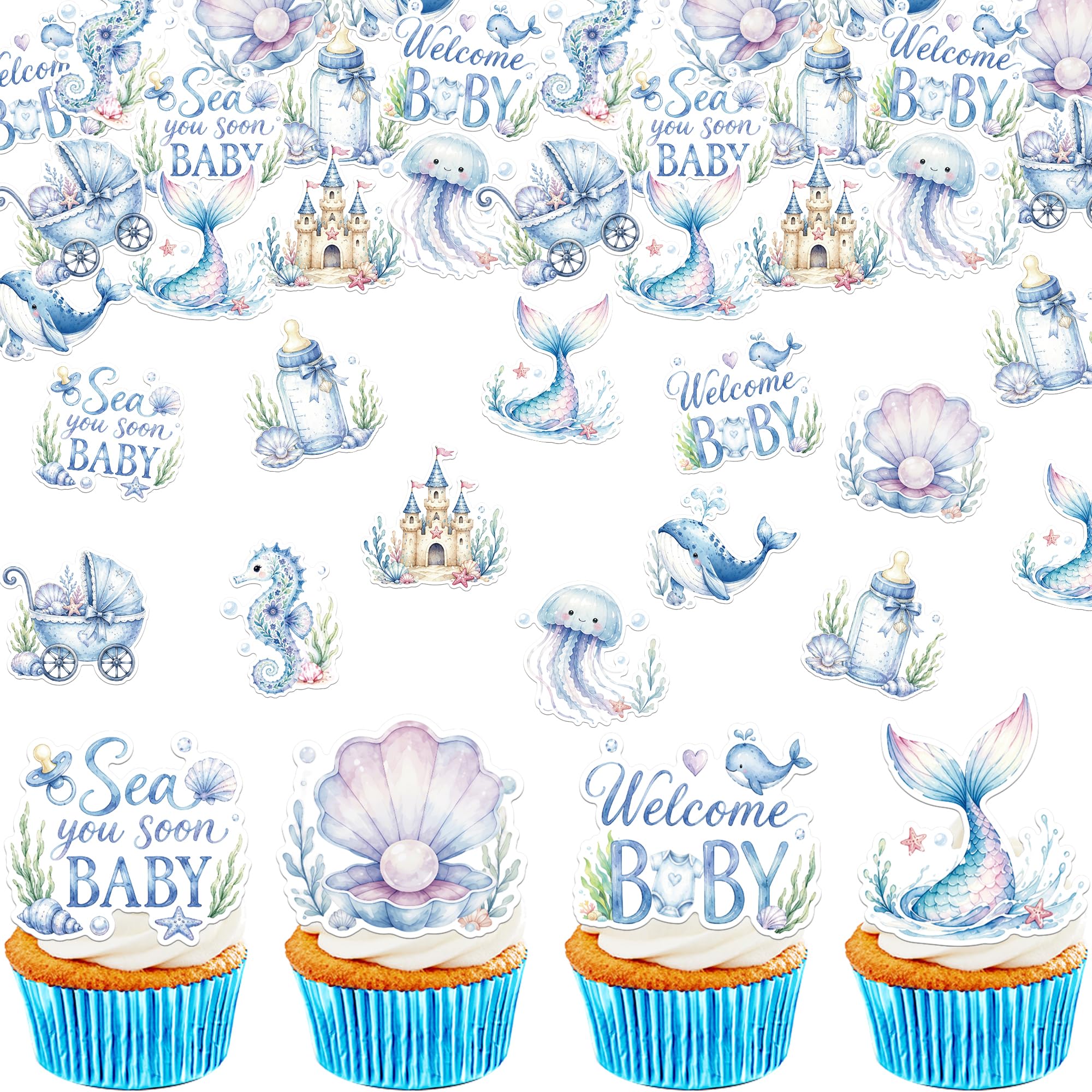 60 Pack Under The Sea Cupcake Toppers Dolphin Jellyfish Mermaid Seahorse Cupcake Picks Welcom Baby See You Son Cake Decorations for Ocean Sea Animals Theme Baby Shower Wedding Birthday Party Supplies