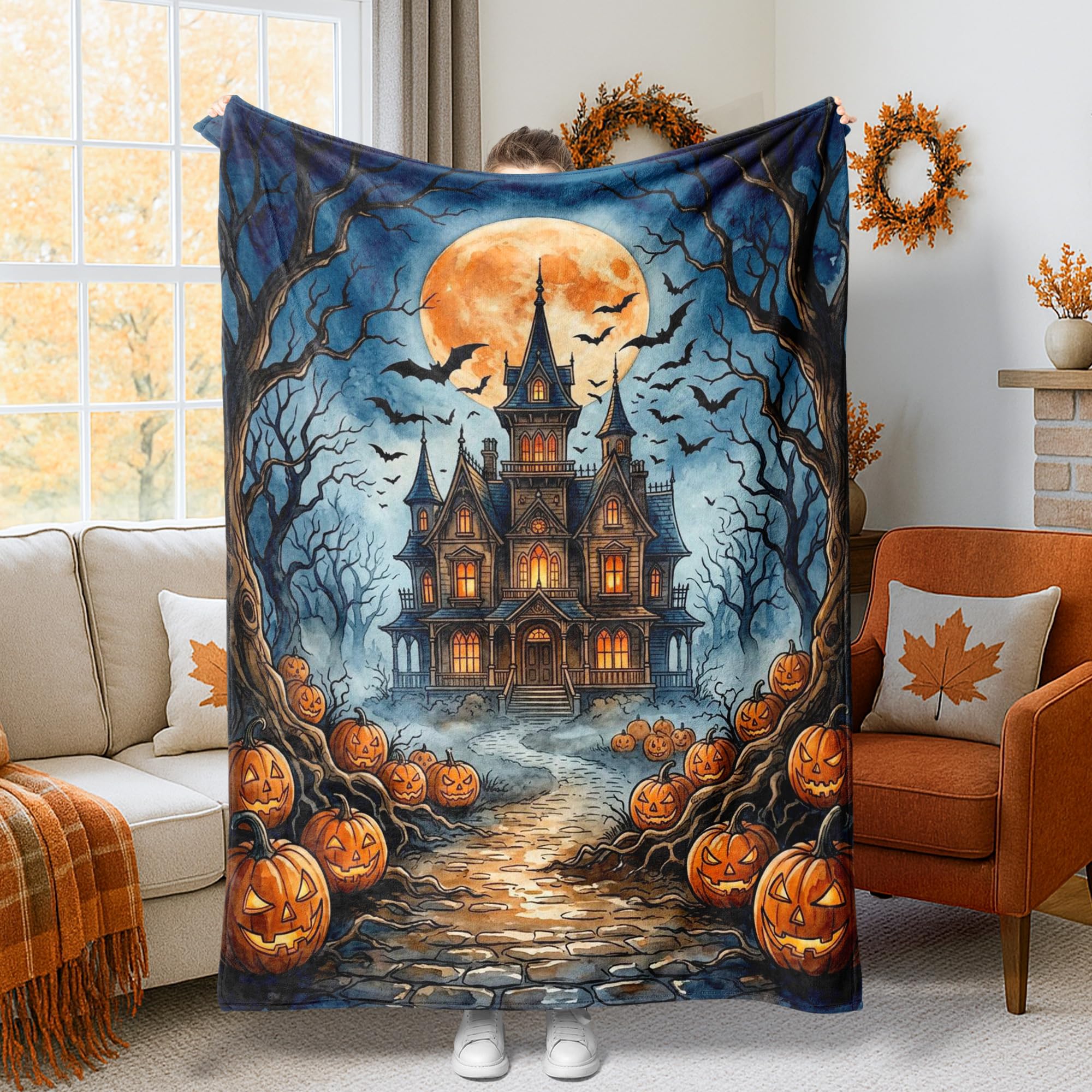 Plaid maison hantée Halloween contre le froid : couverture douce orange pour lit et canapé