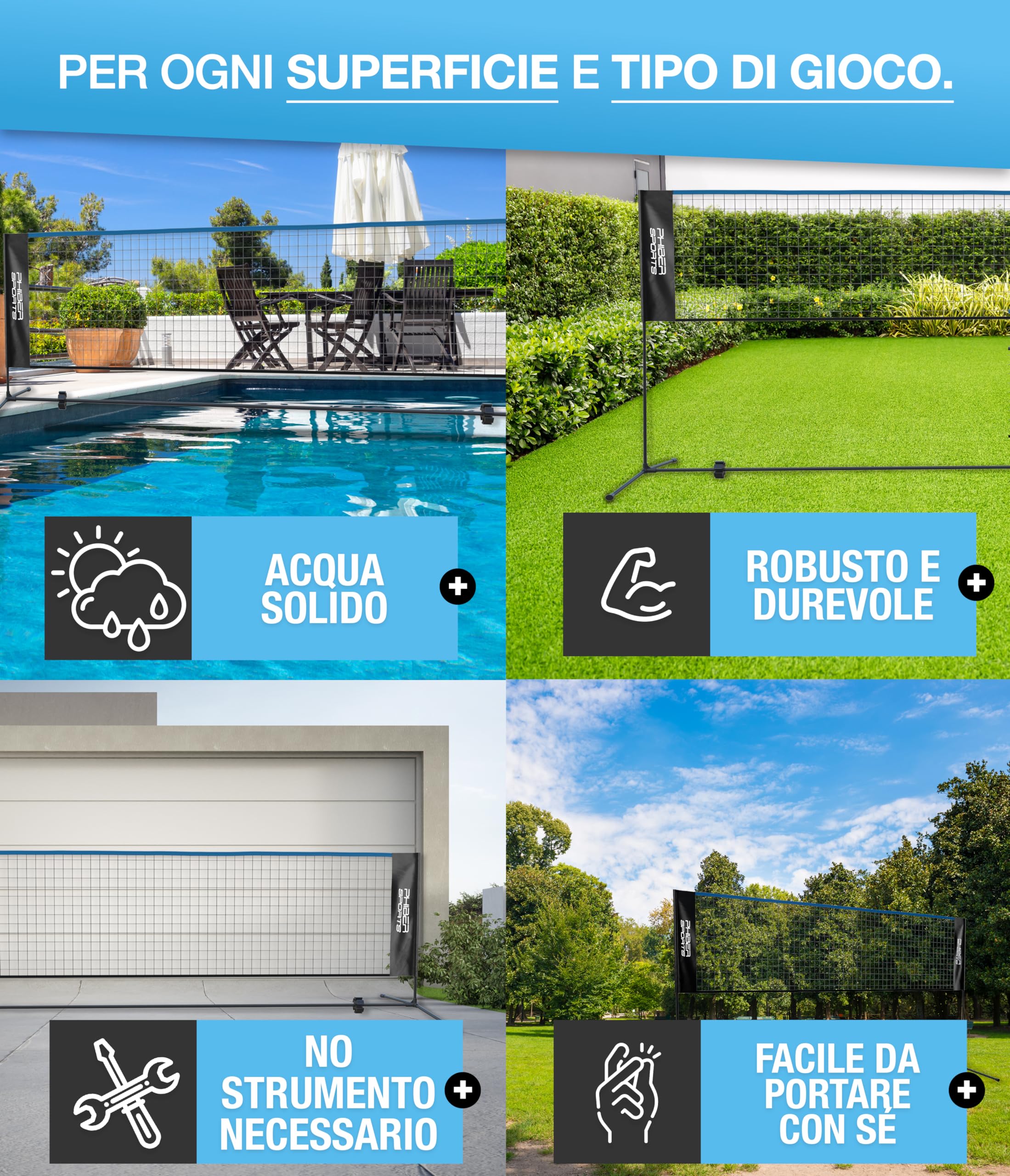 PHIBER-SPORTS Rete da badminton, rete da volano – 420cm, regolabile in altezza su 3 livelli + tabellone segnapunti – anche come rete da tennis, rete da pallavolo per piscina, calcio-tennis – inclusa