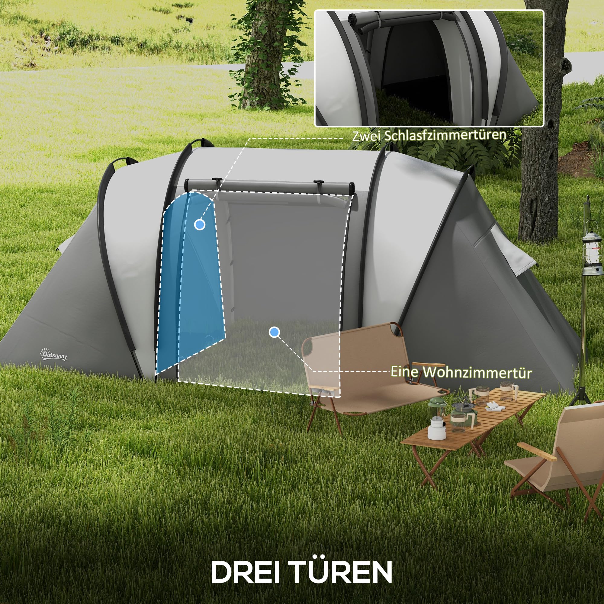 Outsunny Campingzelt für 4-5 Personen leicht wasserabweisend Familienzelt mit 2 Zimmer Seitentür Fenster, Zelt mit 3000mm Wassersäule Tunnelzelt Kuppelzelt für Camping Reise Garten