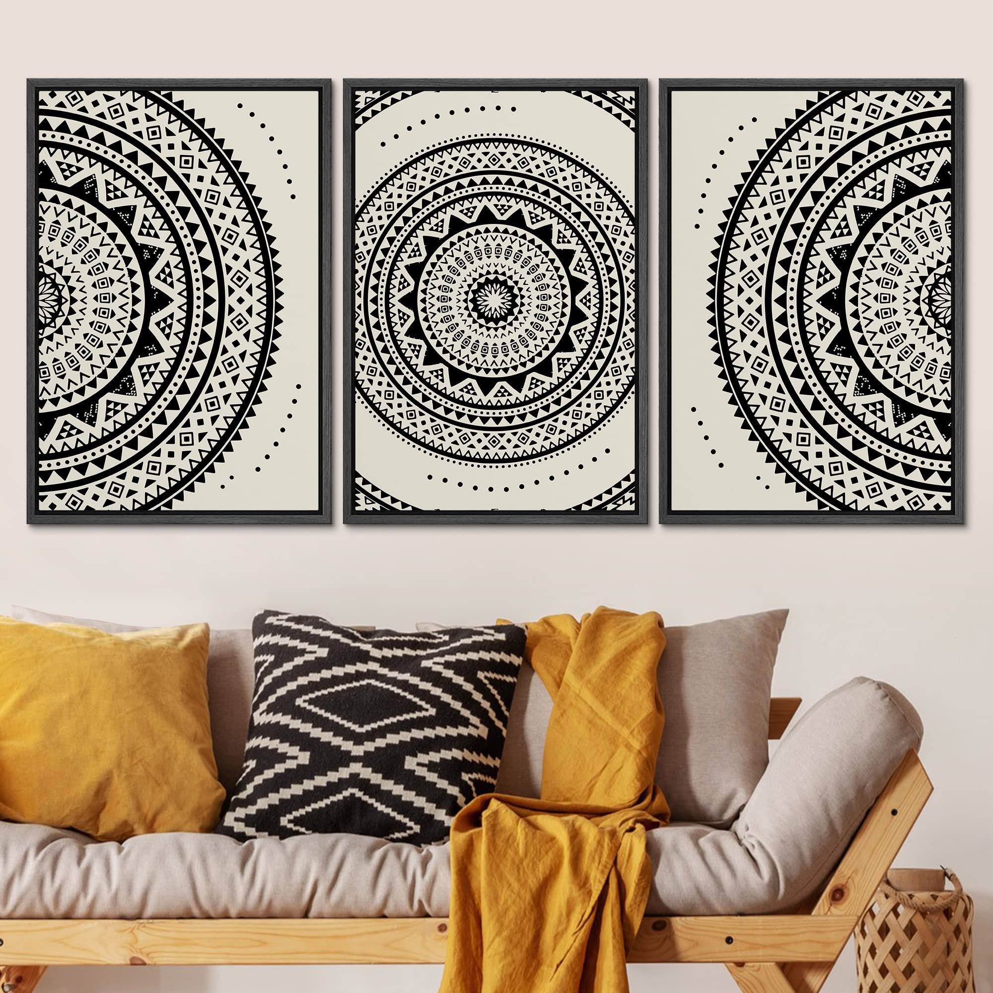 Condition photo showing New/Like New for signleader framed canvas print wall art set geometric indian mandala polygon pattern abstract shapes illustrations modern art minimalism decorative for living room, bedroom, office - 24"x36"x3 black