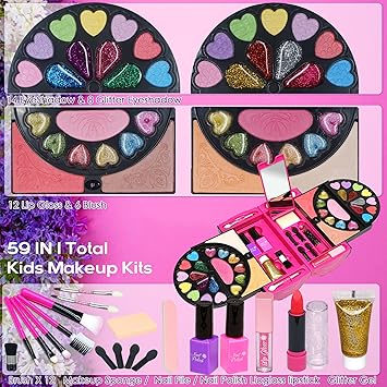 Kids Makeup Kit for Girls - 59 PCS Real & Safe Makeup, Washable, Princess Toy Makeup Kit for Children, Age 4-12, Birthday &