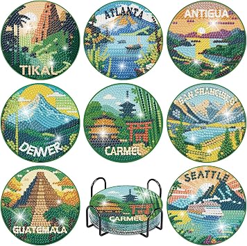 uuxsretaio 8 Pcs Landscape Diamond Art Coasters Kit, Scenery Diamond Painting Coasters, Funny Coasters for Adults, 5D Full Drill Diamond Art Kits for Adults Coasters for Home Decor 4 X 4 Inches