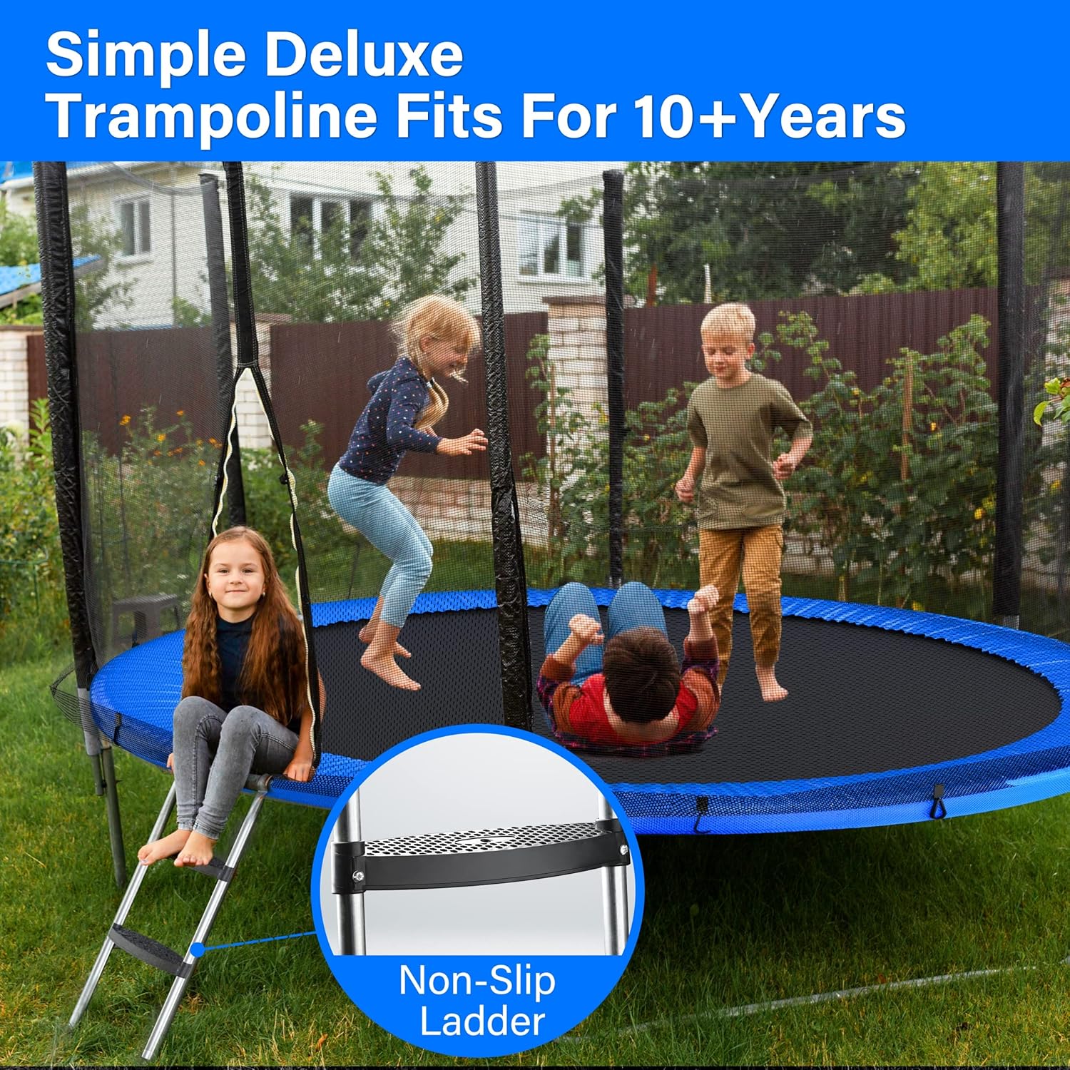 Simple Deluxe Trampoline for Kids with Safety Enclosure Net Wind Stakes 400LBS Weight Capacity 12FT Recreational Trampolines with Ladder Blue Outside Net