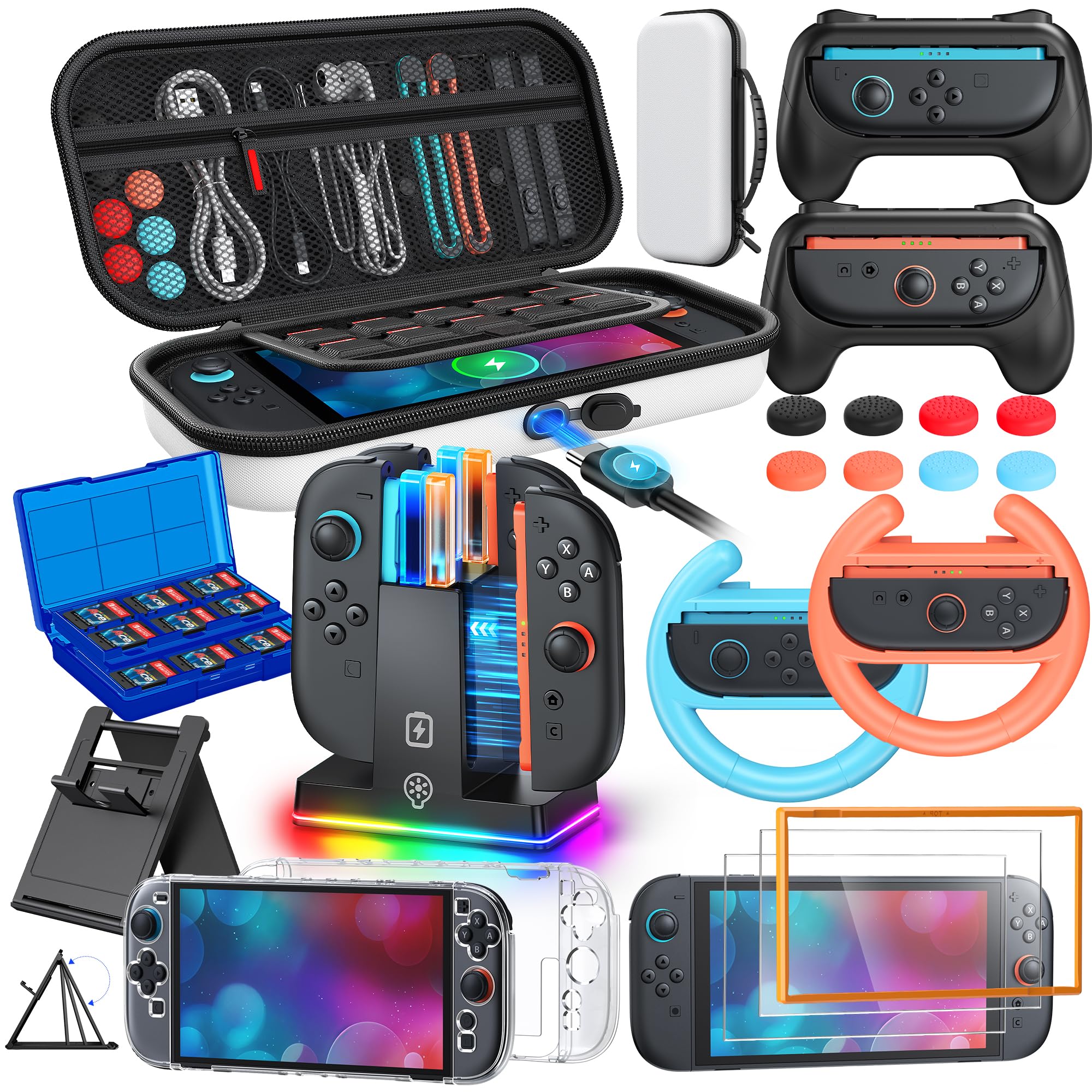 WAXITY Tasche Zubehör Bundle für Nintendo Switch 2, 23-in-1 [Aufladen im Inneren] Reisetasche Tragetasche Set für Switch 2 mit Case, Ladestation, Schutzhülle, Griffe für Joycon