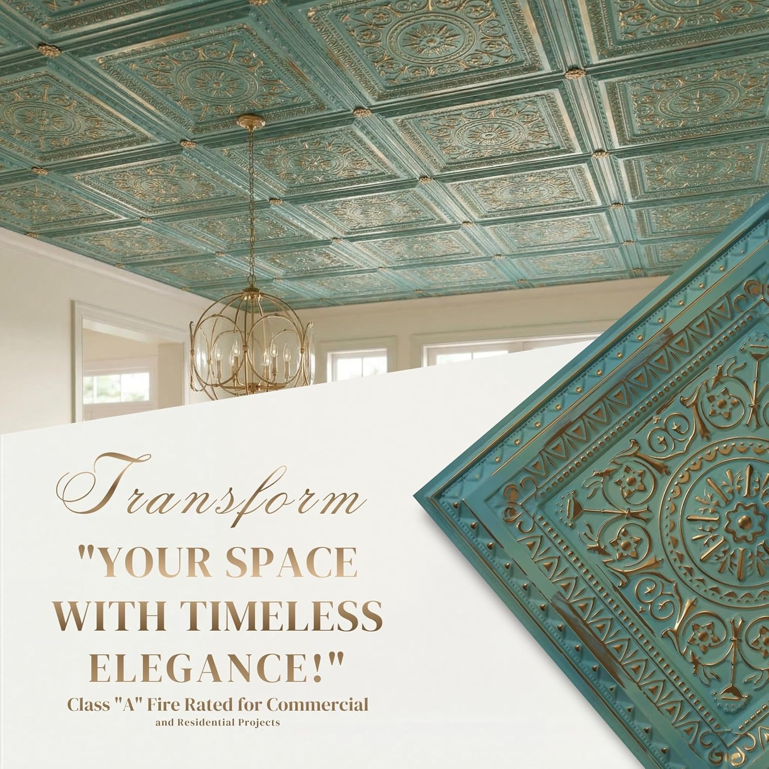 from Plain to Beautiful in Hours 223 La Scala PVC 2' x 2' Glue-up or Lay-in Ceiling Tile (Covers / 40 sq.ft), Vintage Tin, 10 Piece