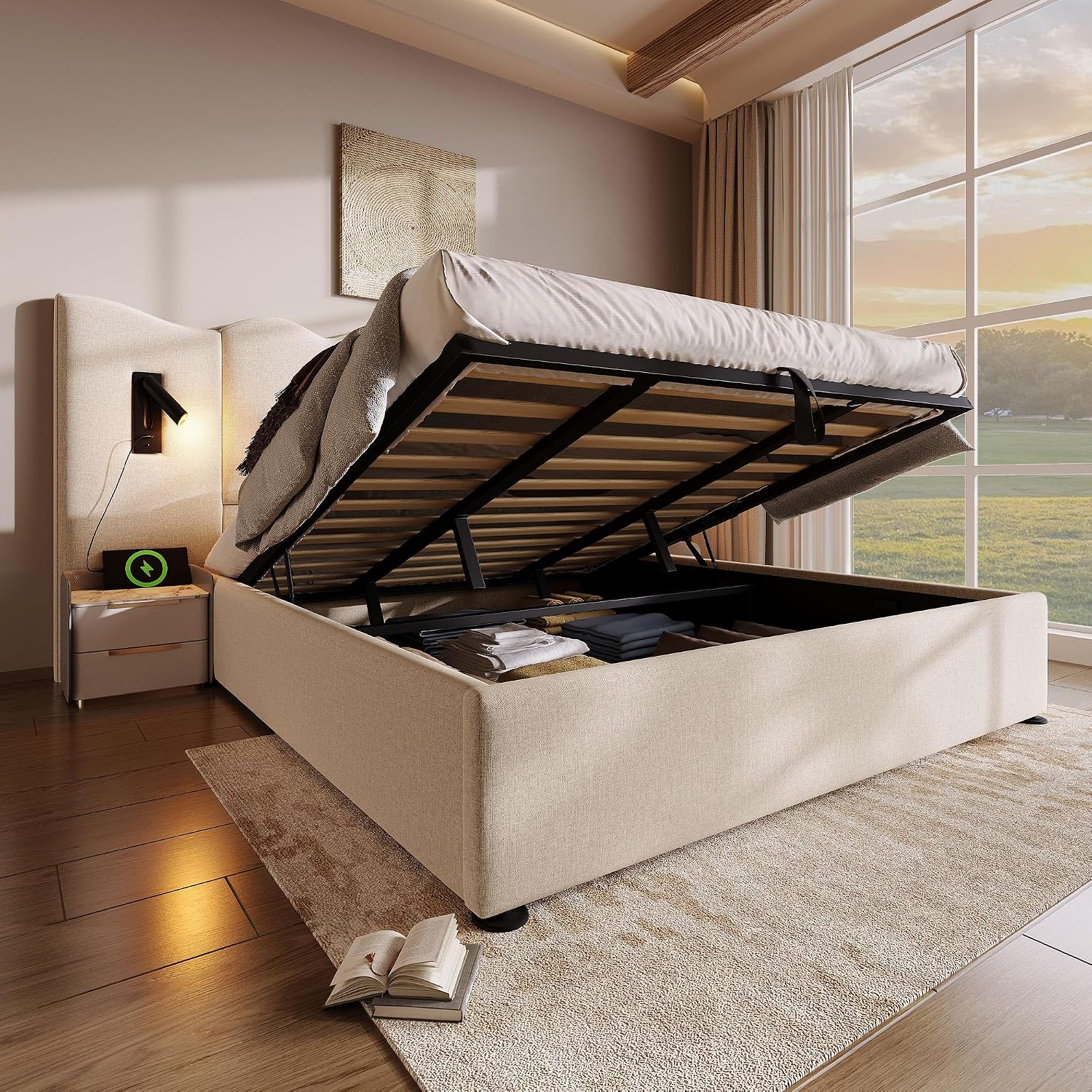Moimhear Upholstered Double Bed 180 x 200 cm with Reading Lamp and USB Type-C Charging Function Storage Bed Frame with Slated Frame Made of Solid Wood and Metal Linen beige 180 x 200 cm