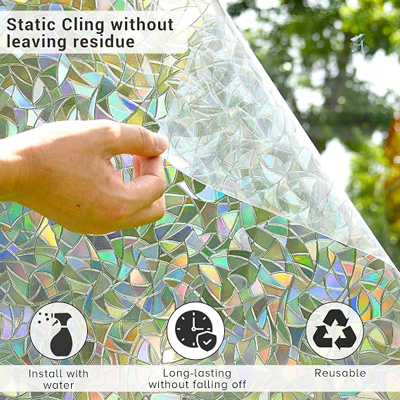 WAENLIR Rainbow Window Film Privacy Film - 3D Stained Glass, Decorative Window Stickers for Privacy, Static Cling Window Vinyl