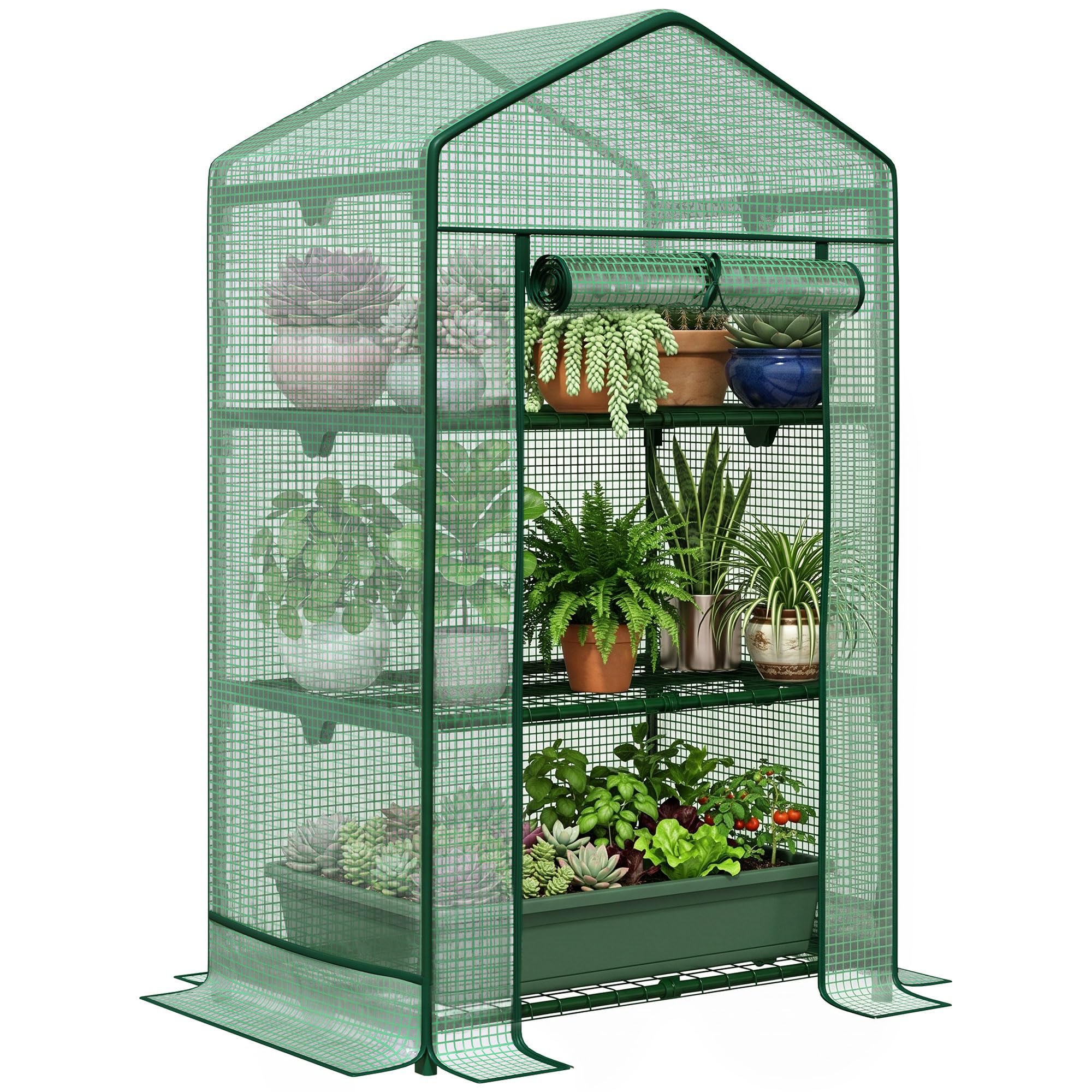 Outsunny mini serra di propagazione con copertura in foglio e 3 ripiani Ripiani Porta avvolgibile Ortofloricoltura