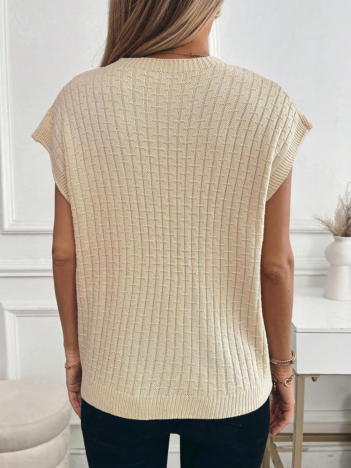 Womens Short Sleeve Sweaters Summer Cap Sleeve Tops Casual Crewneck Oversized Lightweight Knit Sweater Vest - Image 6