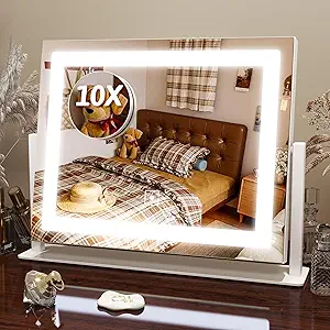 FENNIO Vanity Mirror with Lights, 12" x 16" Lighted Makeup Mirror with Smart Touch Control, 3 Color Modes & Brightness Adjustable, LED Makeup Mirror with 10X Magnification, 360° Rotation for Bedroom