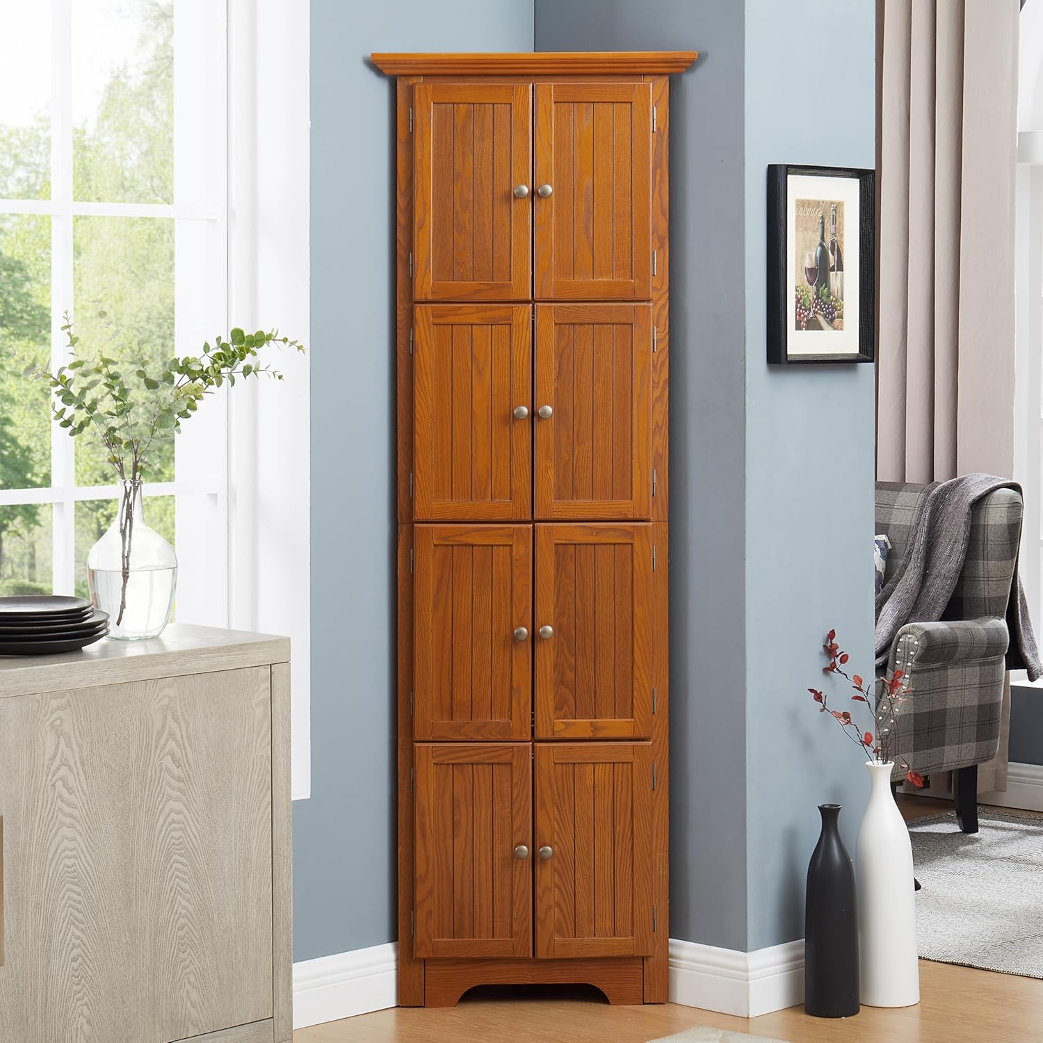 72" Tall Corner Cabinet, 4-Tier Kitchen Pantry Storage Cabinet with 8 Doors and Adjustable Shelves, Home Farmhouse Bookshelf for Office Bathroom, Living Room, Oak