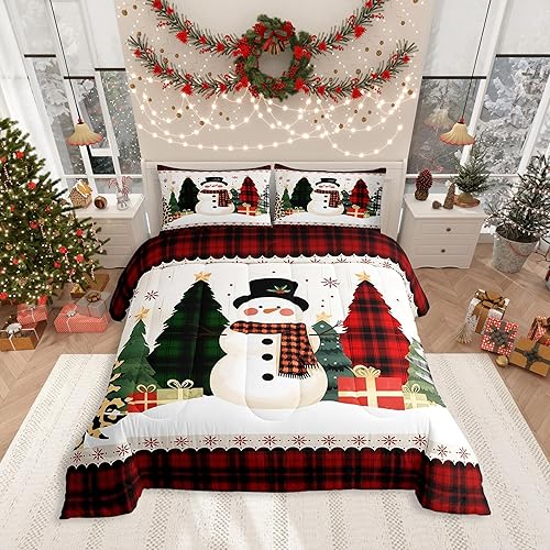 Manfei Juego de edredón de muñeco de nieve, tamaño individual, edredón de plumas de copo de nieve con 1 funda de almohada, juego de ropa de cama