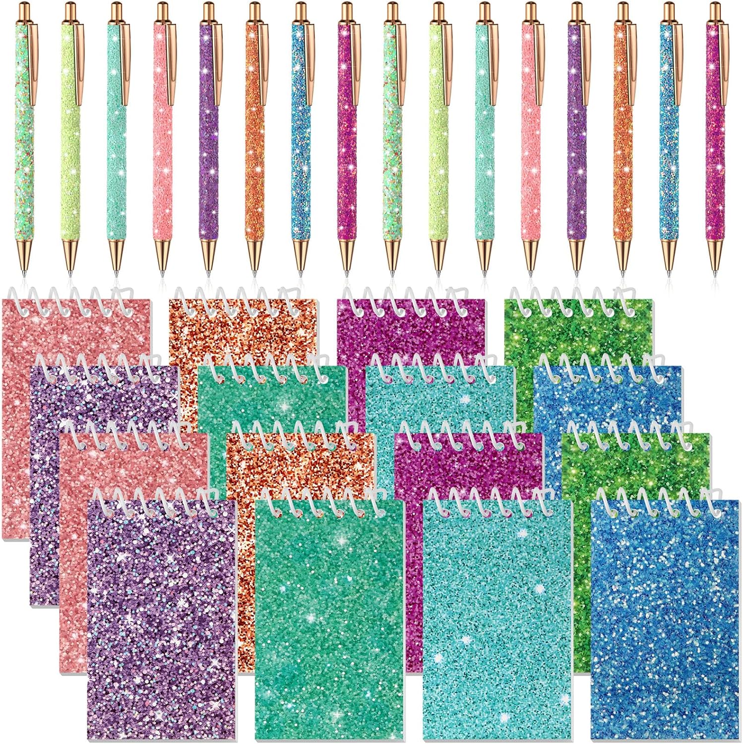Sherr 16 Sets Glitter Pens and Notebooks, Bling Pocket Notepads, Mini Spiral Notebooks, Sparkly Fancy Ballpoint Pens for Women, Cute Birthday Gifts, Back to School Supplies(Bright Color)